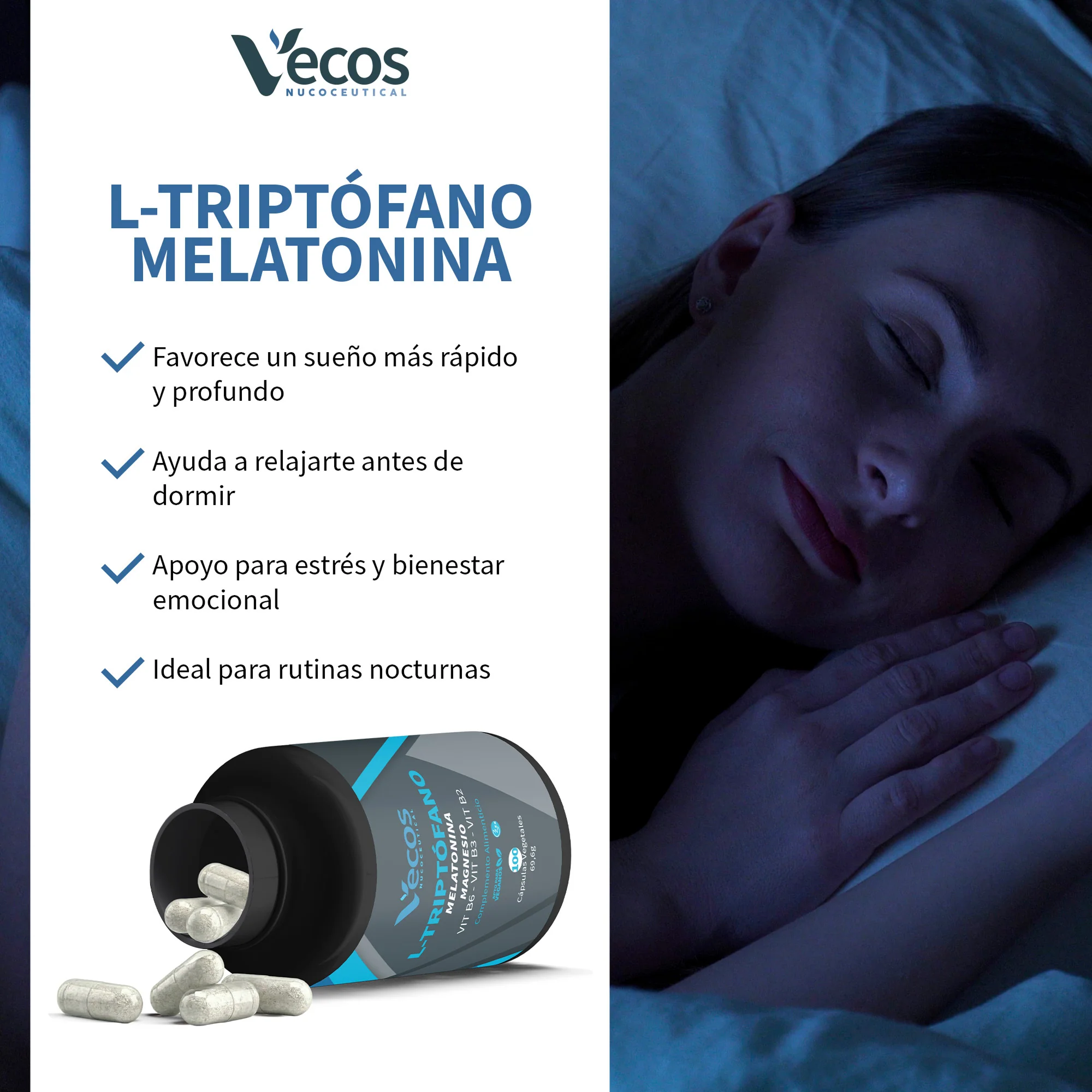 L-triptófano + Melatonina Vecos 100 Cápsulas | Conciliar El Sueño Y Descanso | Con Magnesio Y Vitamina B6 - Image 4