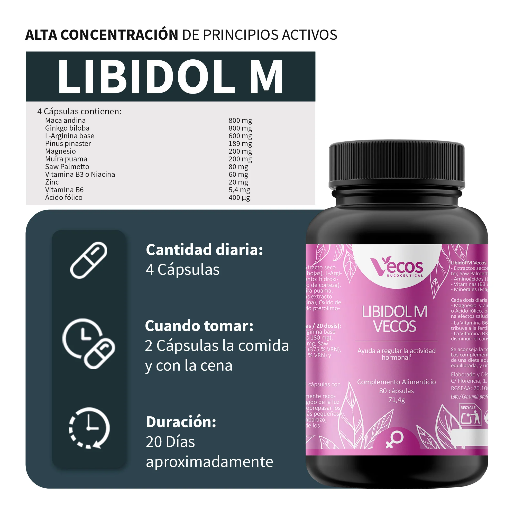 Libidol M Vecos 80 Cápsulas | Vitalidad Femenina, Equilibrio Hormonal Y Fertilidad | Zinc, Maca, Vit B6 Y L-arginina - Image 3