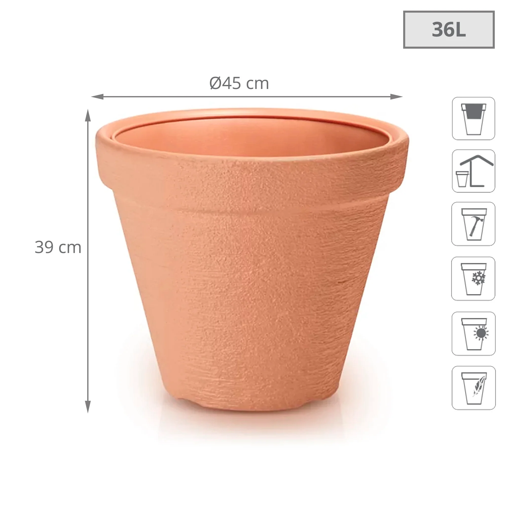 Maceta Classic 36l., Dimensiones (mm) 450x450x390, Color Ladrillo - Image 2