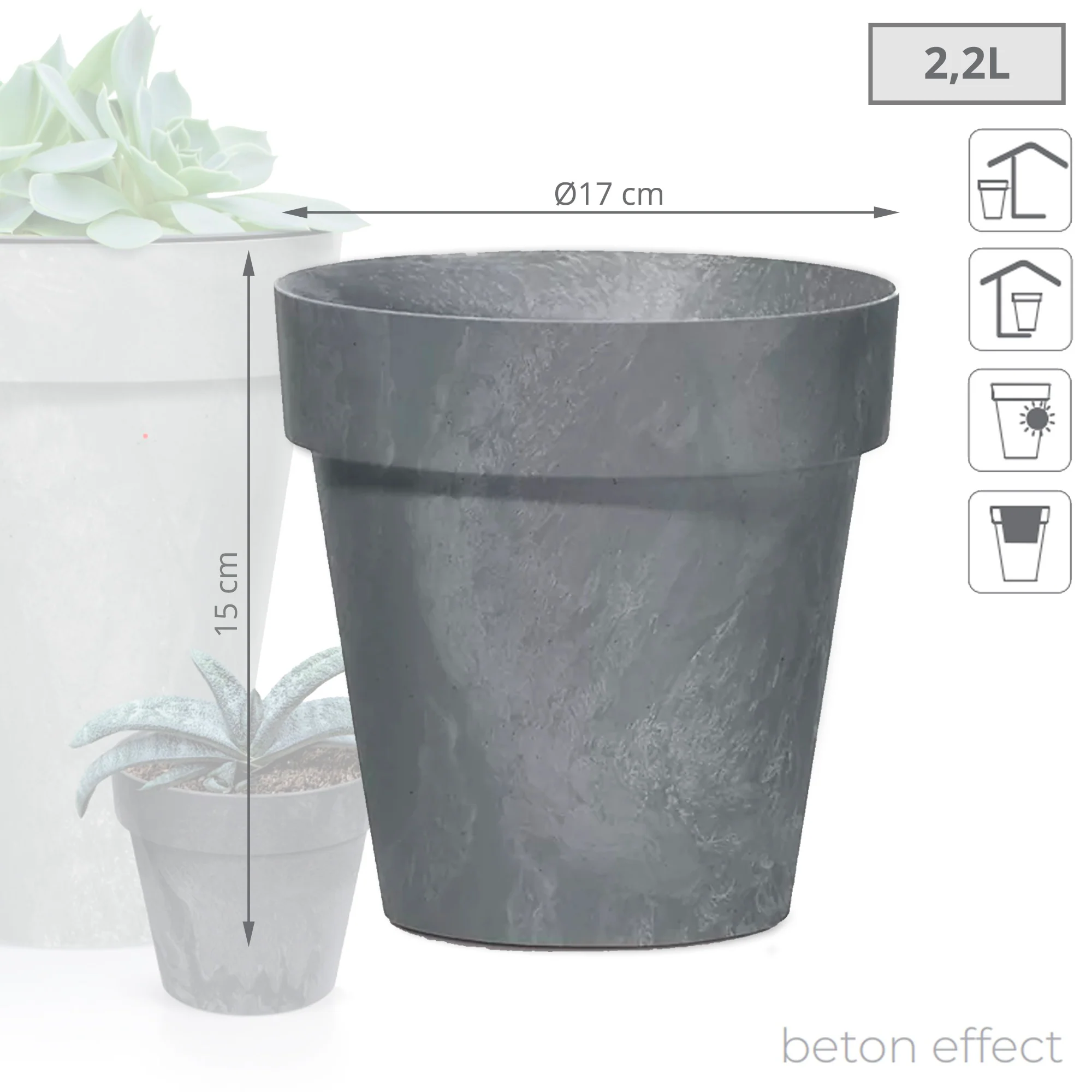 Maceta Cube Beton Effect 2,2l., Dimensiones (mm) 170x170x150, Color Marengo - Image 3
