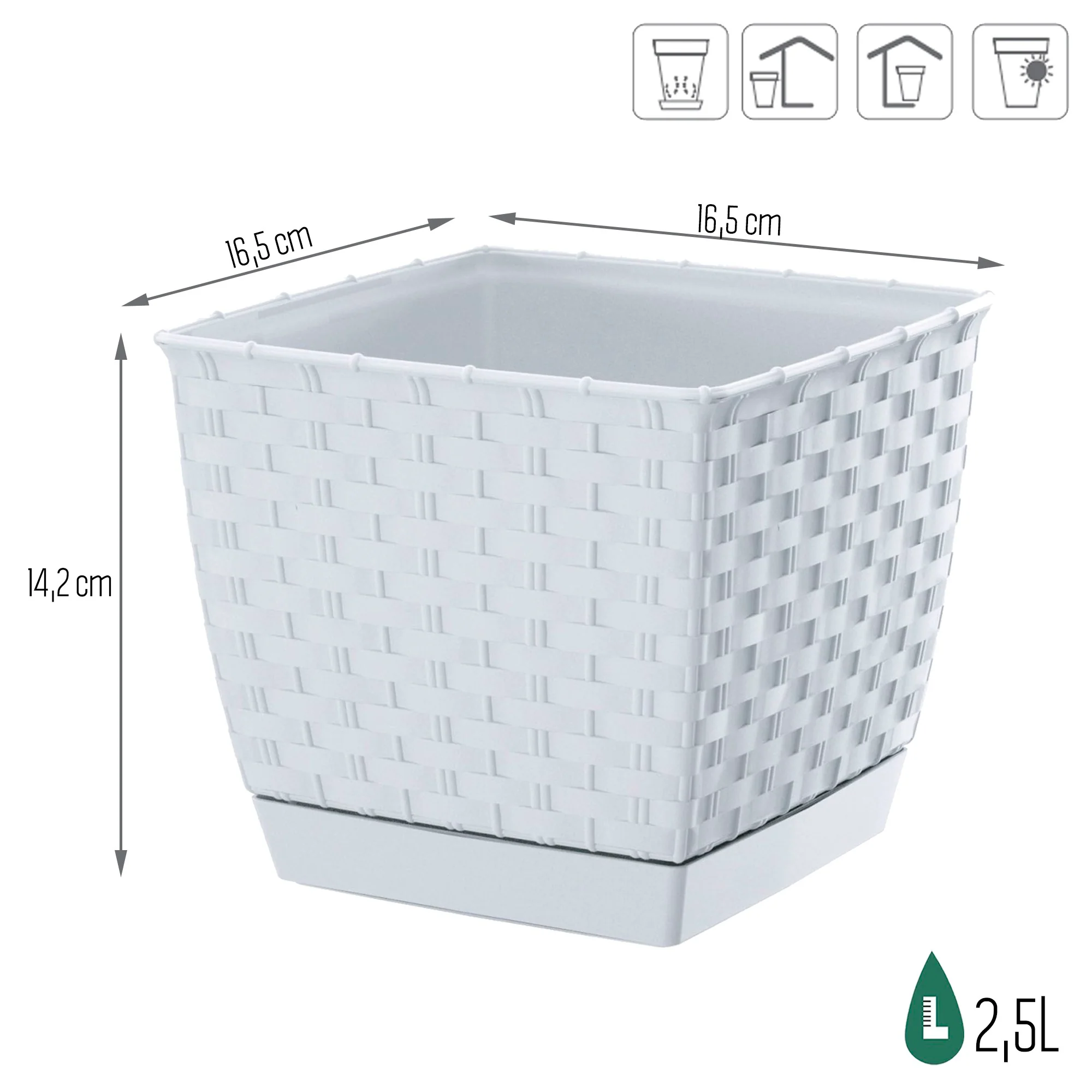 Maceta Ratolla Square 2,5l., Dimensiones (mm) 165x165x142, Color Blanco - Image 3