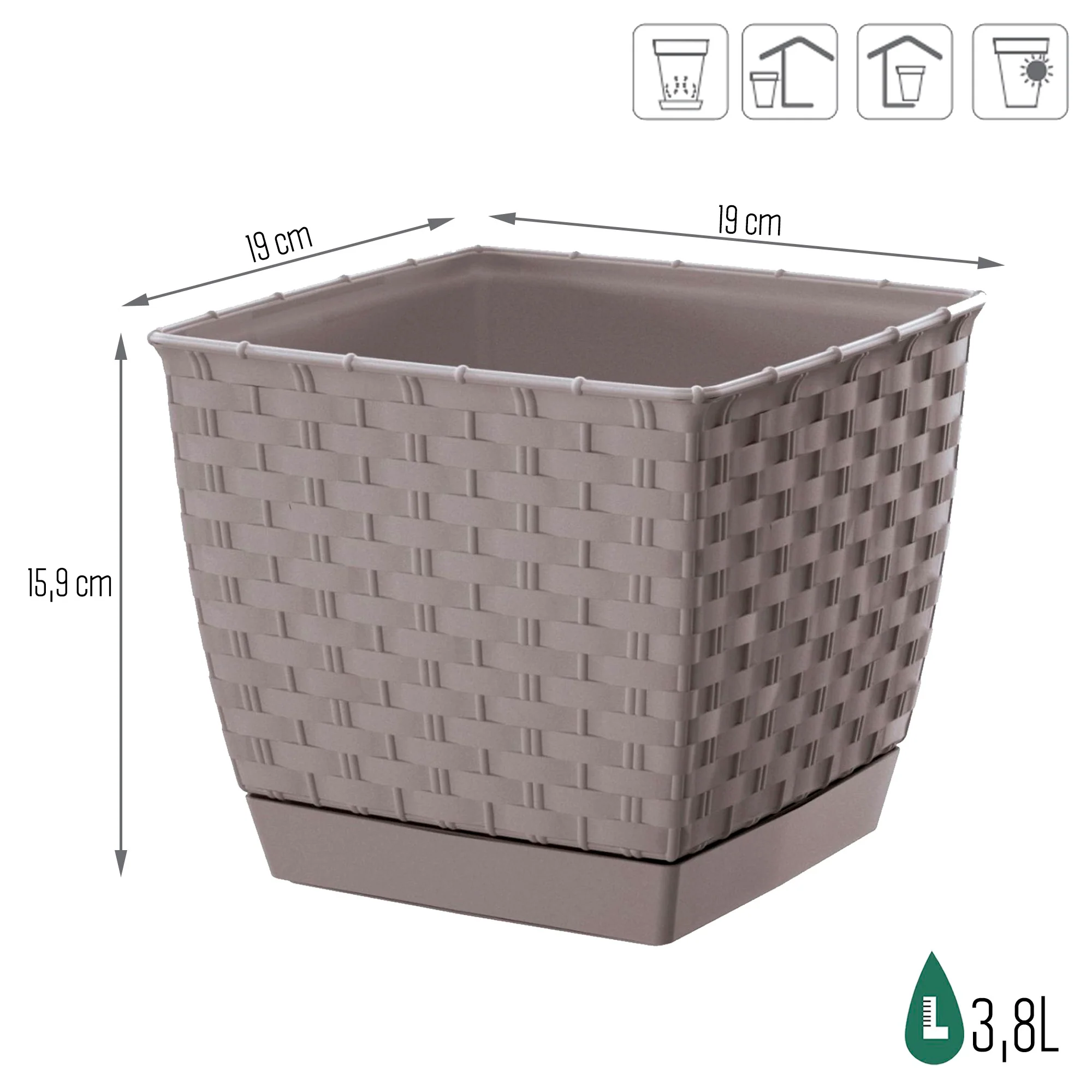 Maceta Ratolla Square 3,8l., Dimensiones (mm) 190x190x159, Color Mocca - Image 3