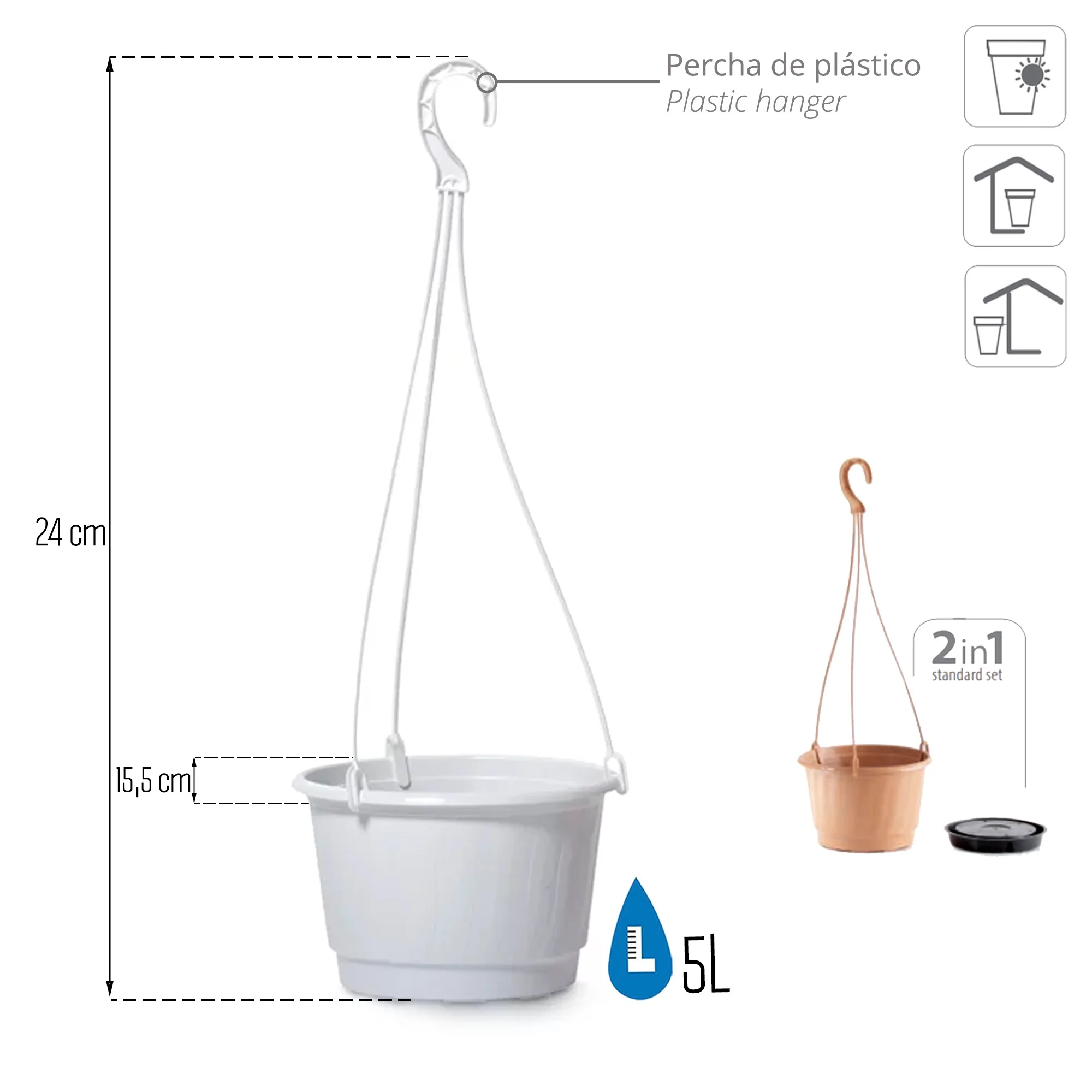 Macetero Colgante Pro 5l., Dimensiones (mm) 240x240x155, Color Blanco - Image 3