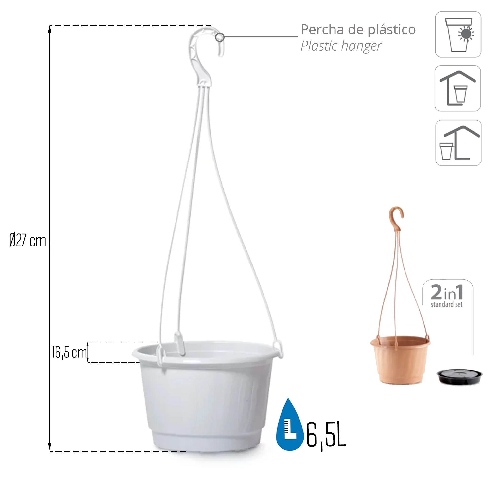 Macetero Colgante Pro 6,5l., Dimensiones (mm) 270x270x165, Color Blanco - Image 3