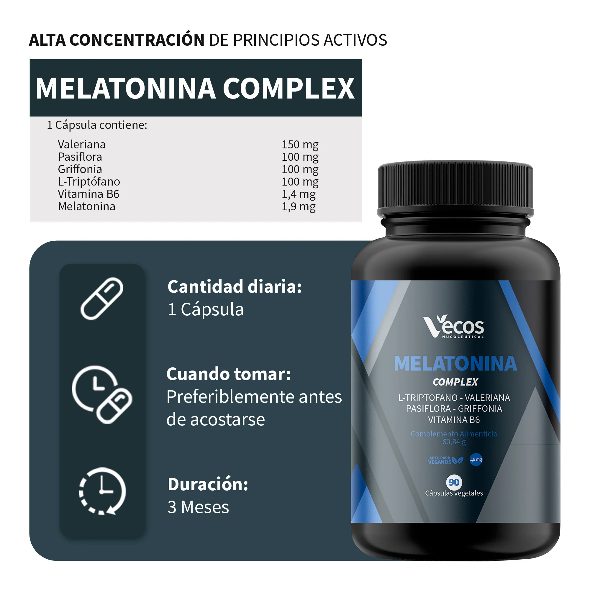 Melatonina Complex Vecos 90 Cápsulas | Descanso Y Bienestar | Con Valeriana, Pasiflora, Griffonia Y Melatonina - Image 3