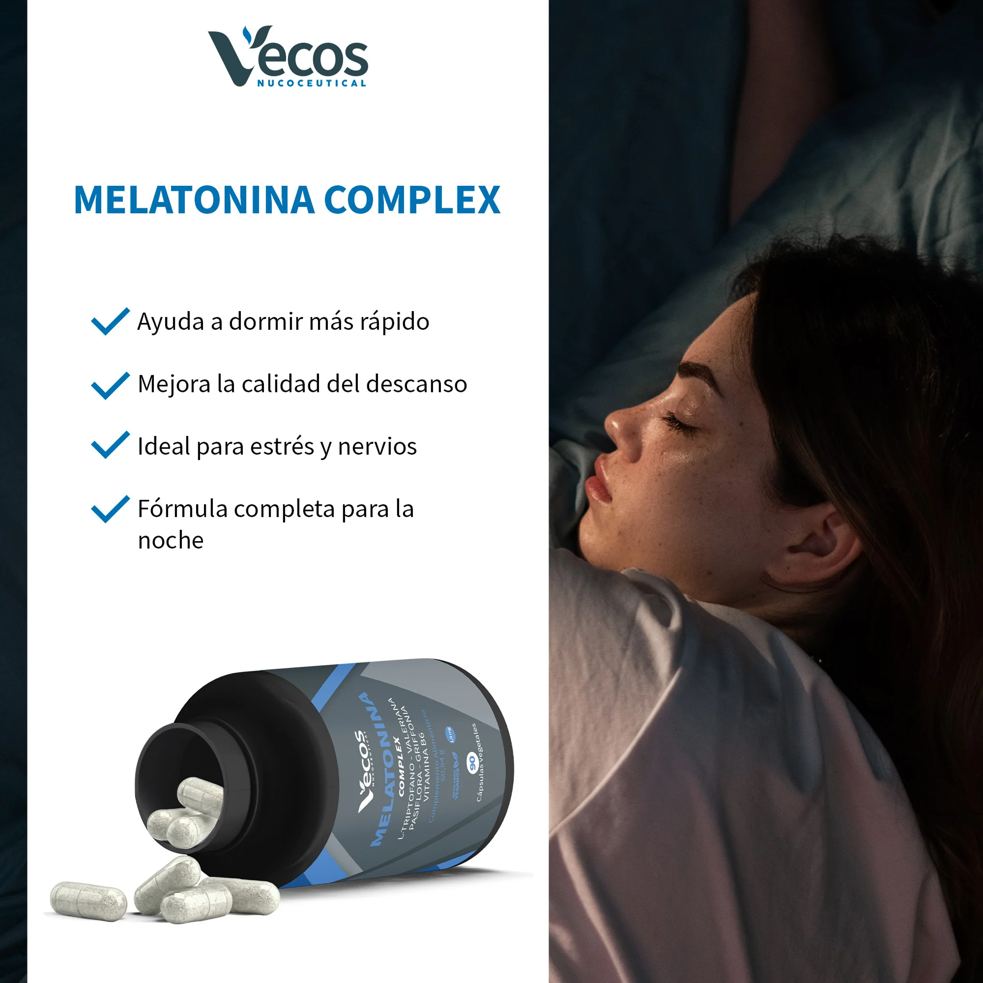 Melatonina Complex Vecos 90 Cápsulas | Descanso Y Bienestar | Con Valeriana, Pasiflora, Griffonia Y Melatonina - Image 4