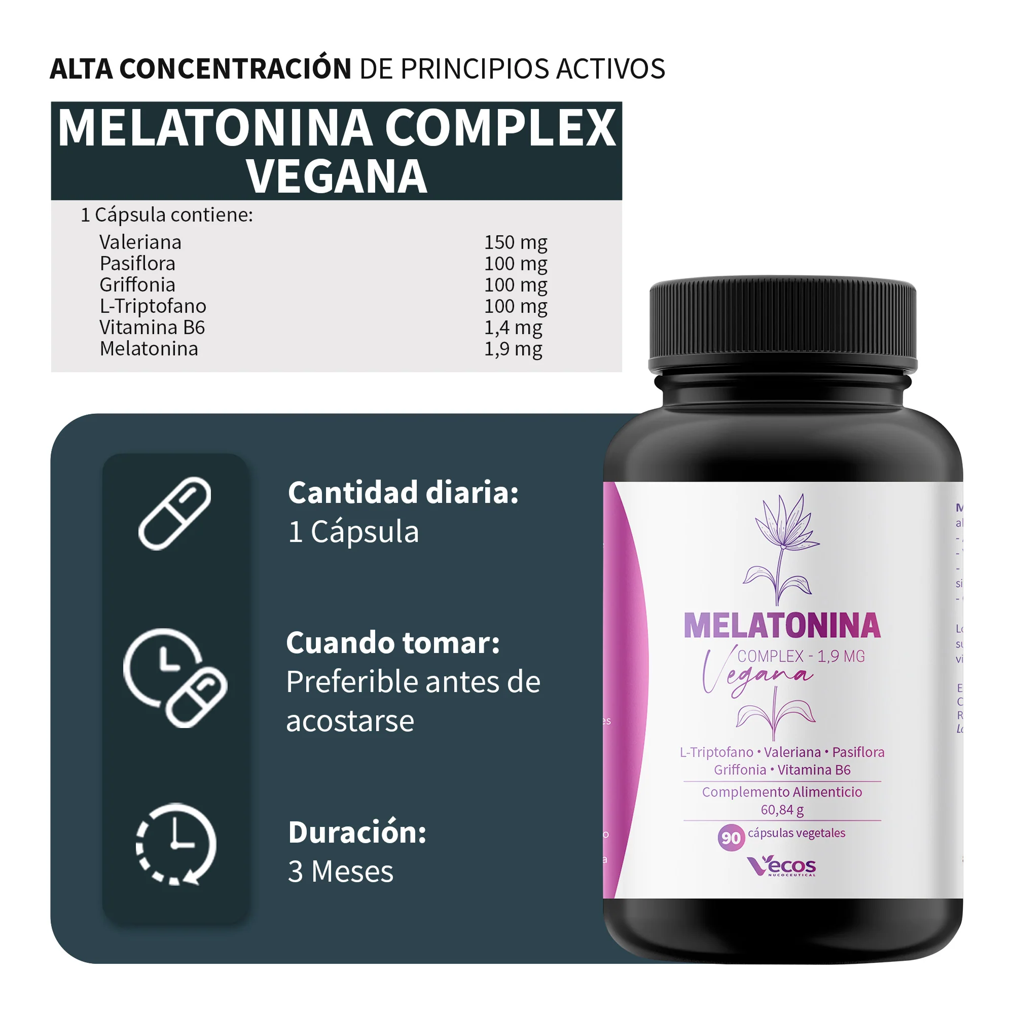 Melatonina Complex Vegana Vecos 90 Cápsulas | Dormir Mejor Y Relajación | Valeriana, Triptófano Y Melatonina - Image 3