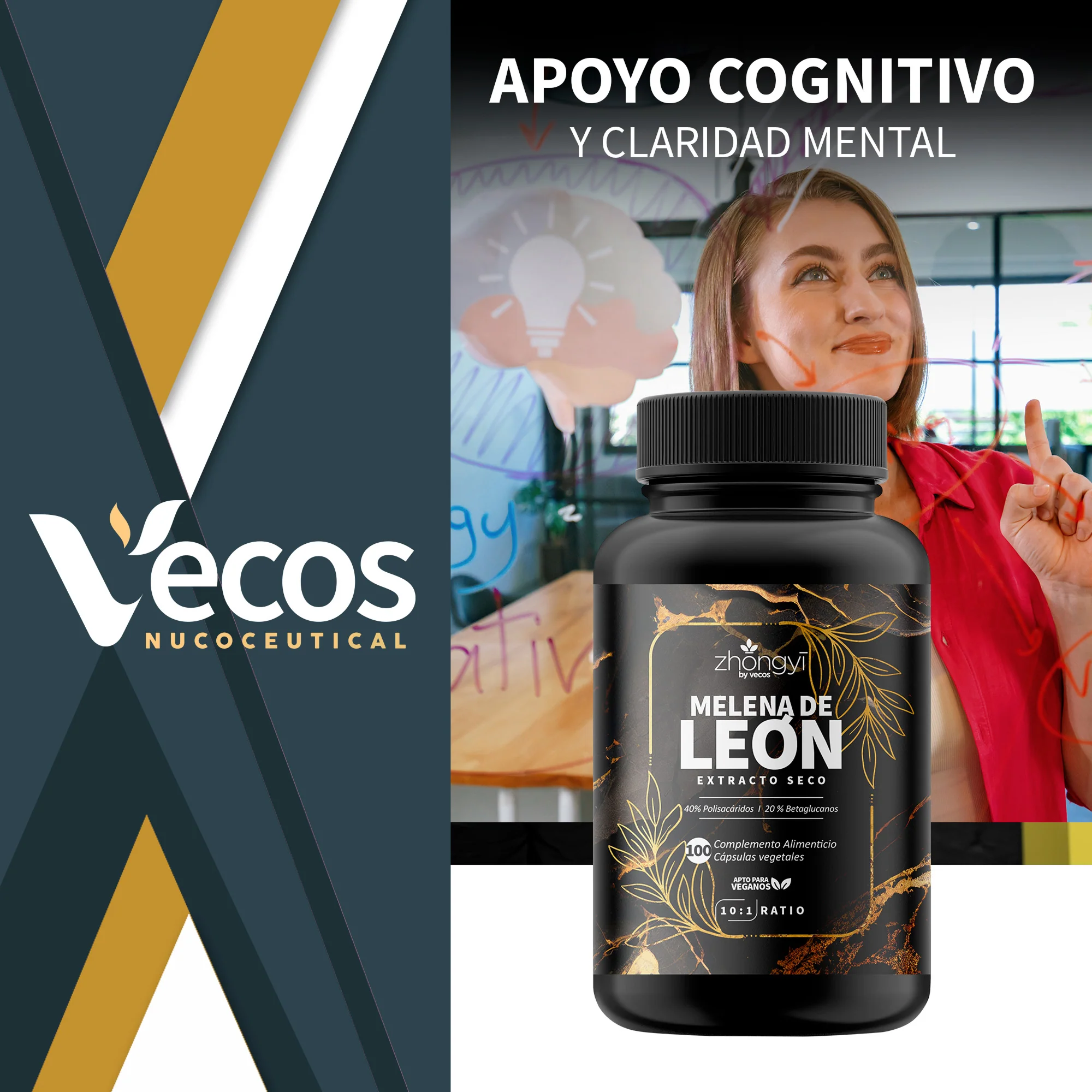 Melena De León 10:1 Vecos 100 Cápsulas | Enfoque Y Claridad Mental | Extracto De 40% + 20% Beta-glucanos - Image 2