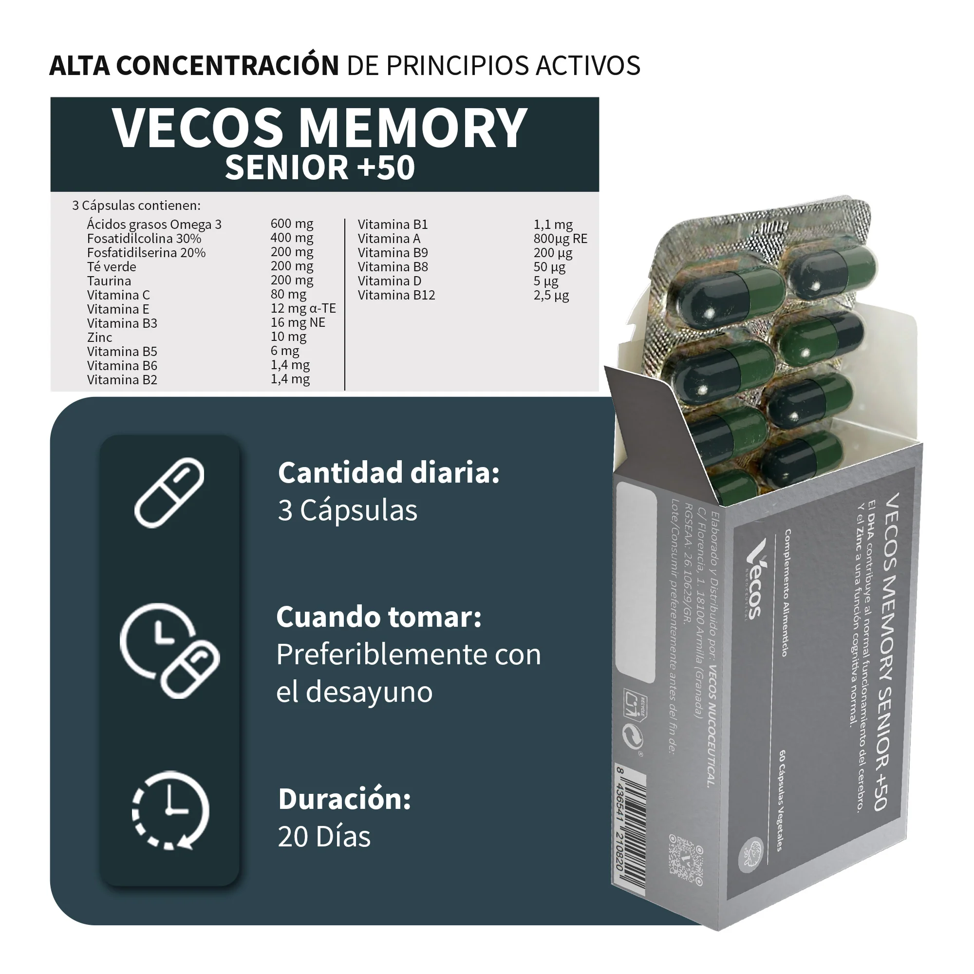 Memory Senior +50 Vecos 60 Cápsulas | Memoria Y Función Cognitiva | Dha, Fosfatidilserina Y Ginkgo - Image 3