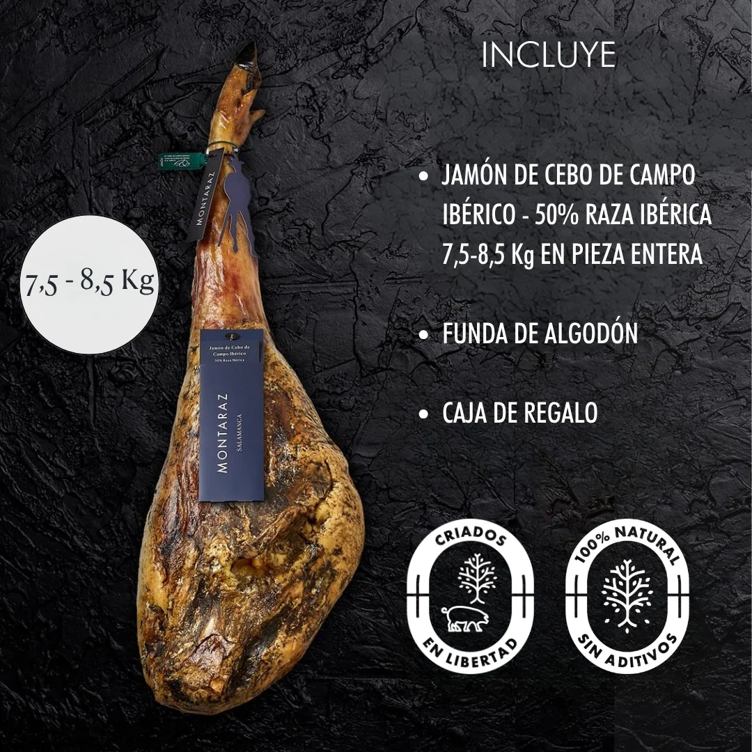 Montaraz® Jamon De Cebo De Campo Ibérico | 50% Raza Ibérica | Curación 24 Meses | Pieza De 7,5-8,5 Kg | 100% Natural - Image 3