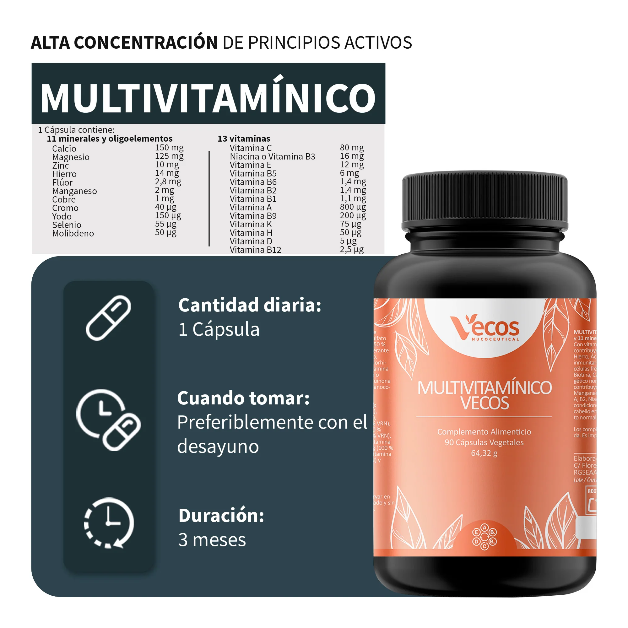 Multivitamínico Vecos 90 Cápsulas | Energía Diaria Y Sistema Inmunitario | 13 Vitaminas Y 11 Minerales - Image 3