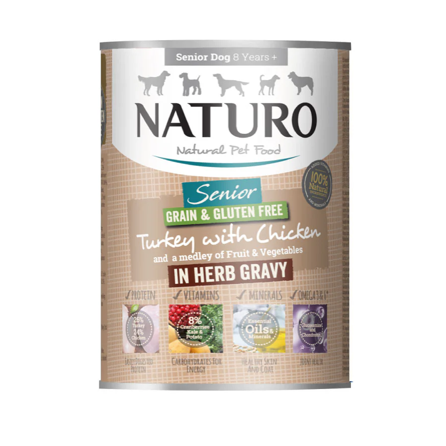 Naturo Comida Humeda Perro Senior De Pavo Y Pollo Con Gelatina 390gr 12 Latas