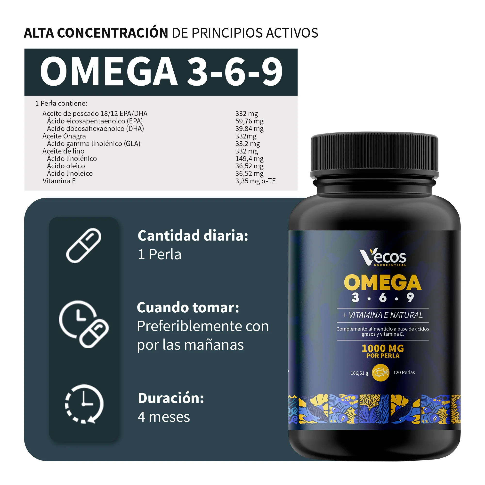 Omega 3-6-9 Vecos 120 Perlas | Corazón, Visión Y Cerebro | Ácidos Grasos Epa, Dha, Gla, Ala + Vitamina E - Image 3