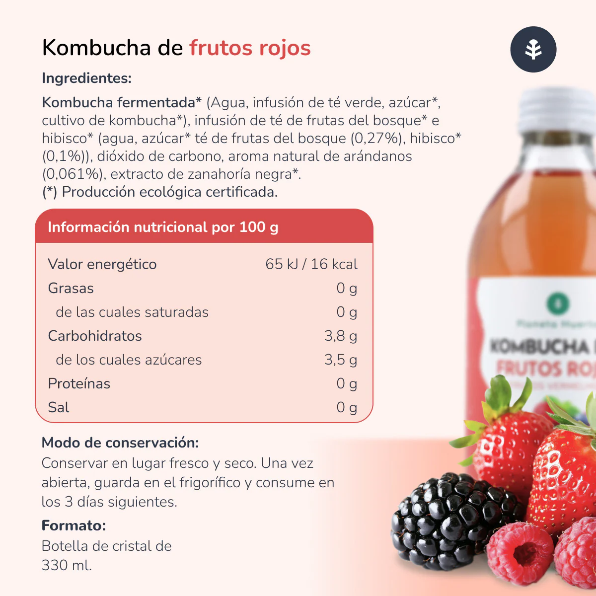 Pack 12x Kombucha ECO Frutos rojos Planeta Huerto 330 ml - Image 4