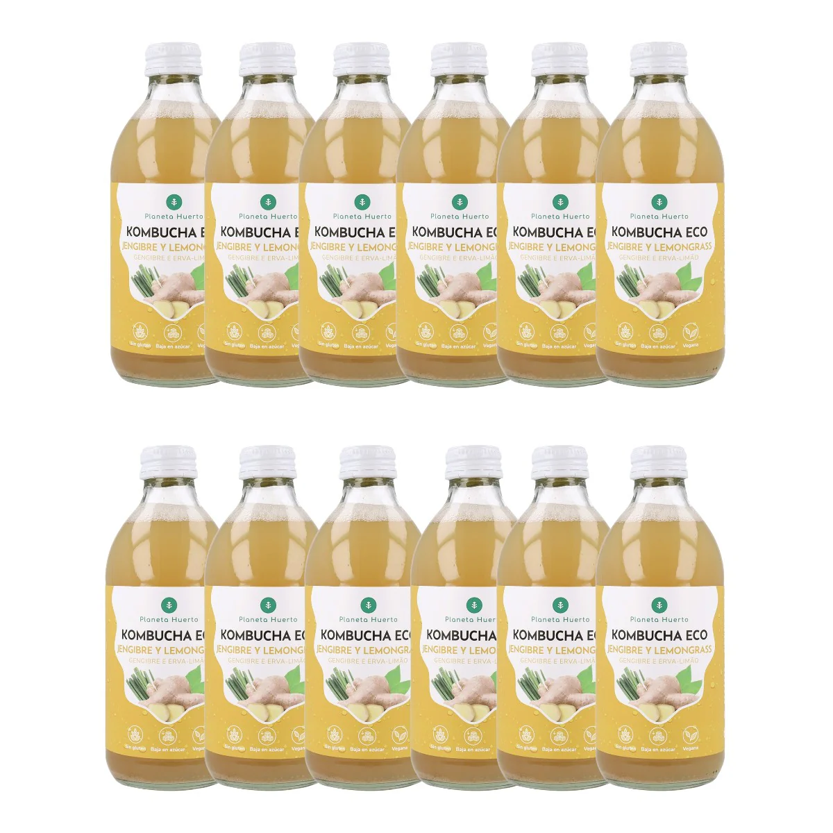 Pack 12x Kombucha ECO Jengibre y lemongrass Planeta Huerto 330 ml
