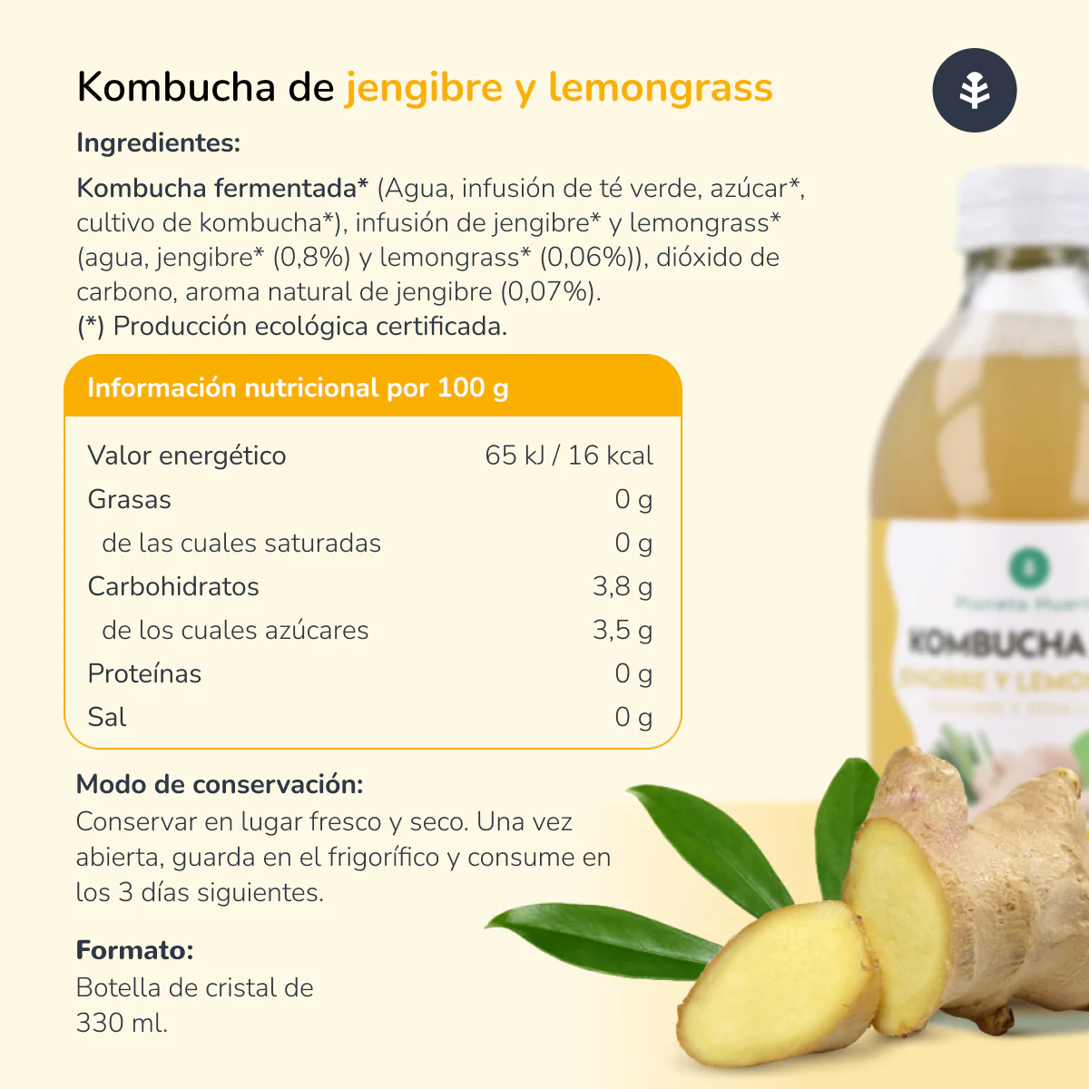 Pack 12x Kombucha ECO Jengibre y lemongrass Planeta Huerto 330 ml - Image 4