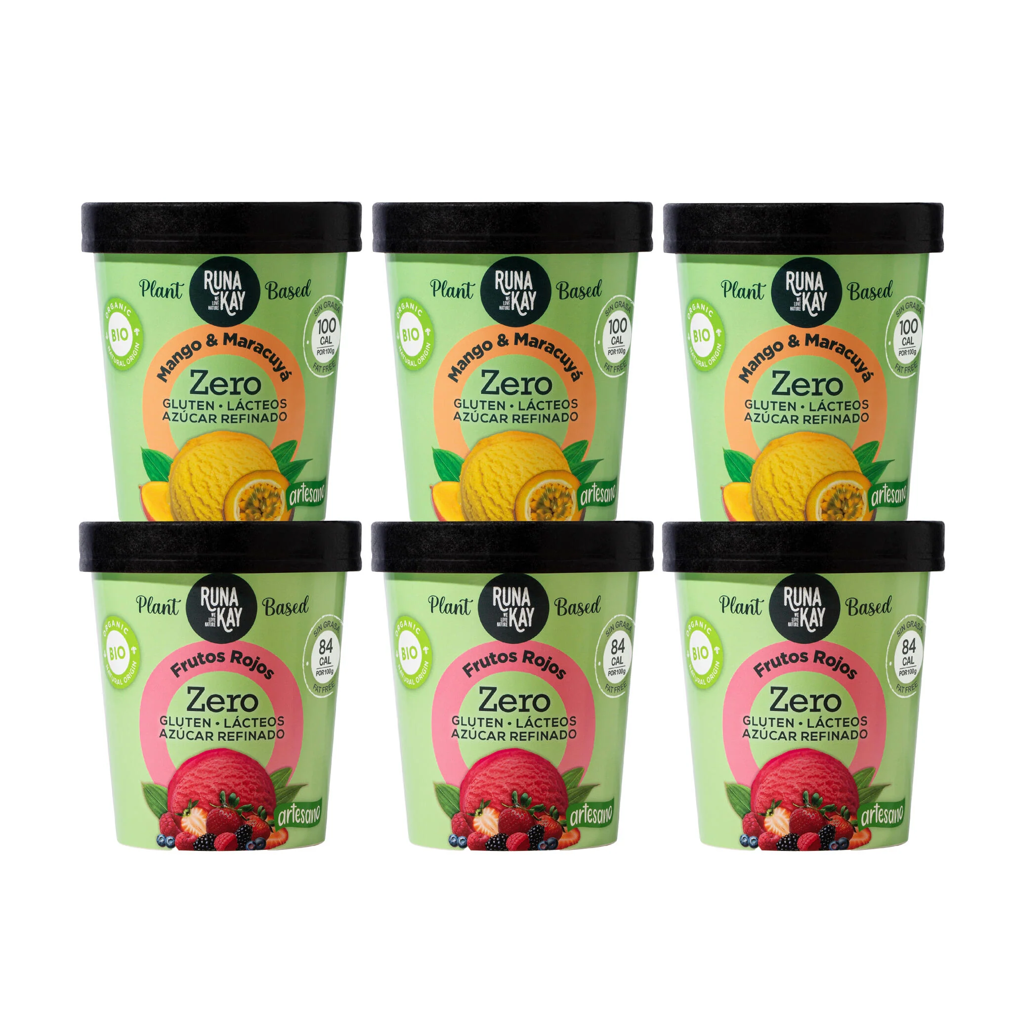 Pack Mix Helado Artesano Eco Sin Gluten Ni Azúcar Refinado Mango&Maracuyá Frutos Rojos Runakay 6x460ml/400g