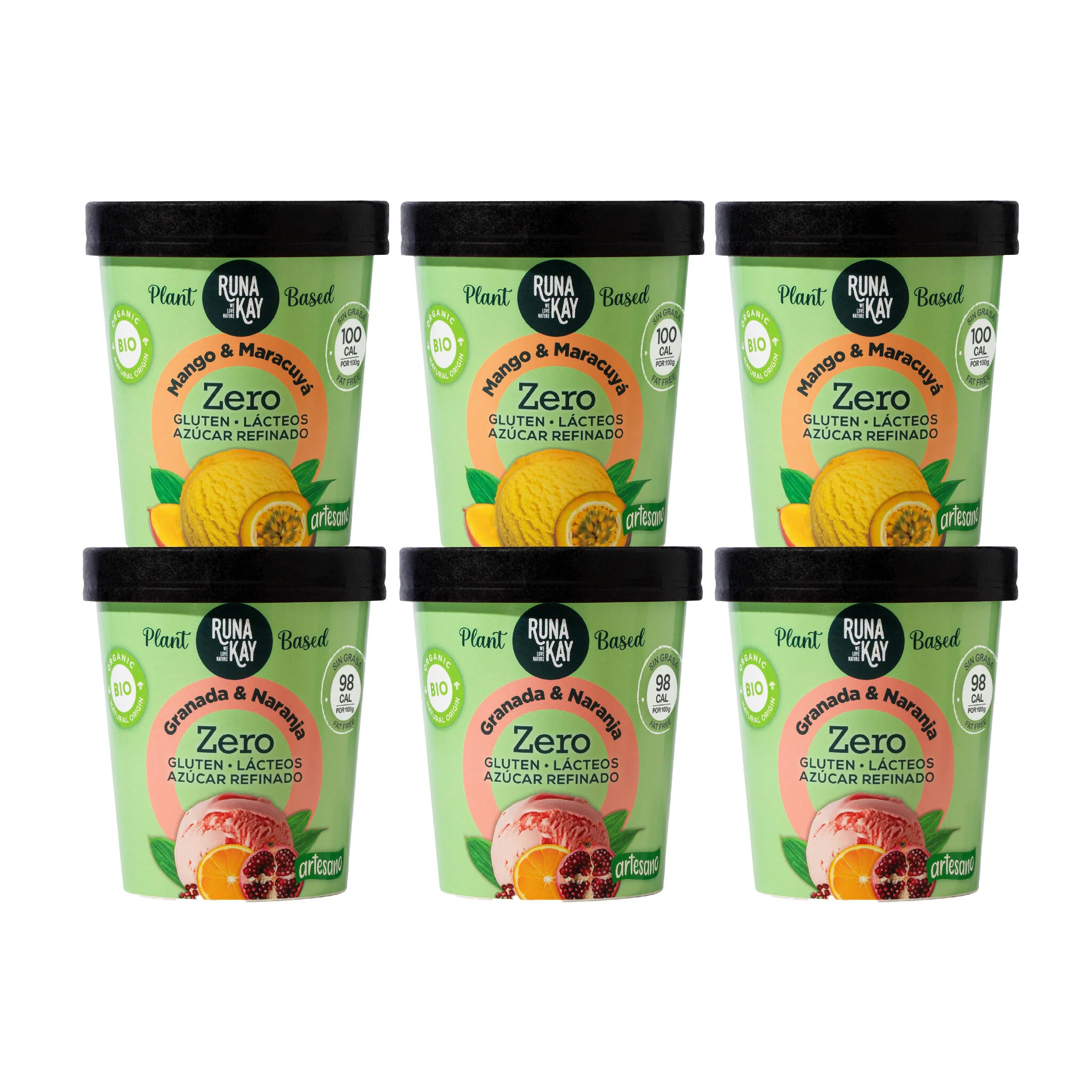 Pack Mix Helado Artesano Eco Sin Gluten Ni Azúcar Refinado Mango&Maracuyá Granada&Naranja Runakay 6x460ml/400g