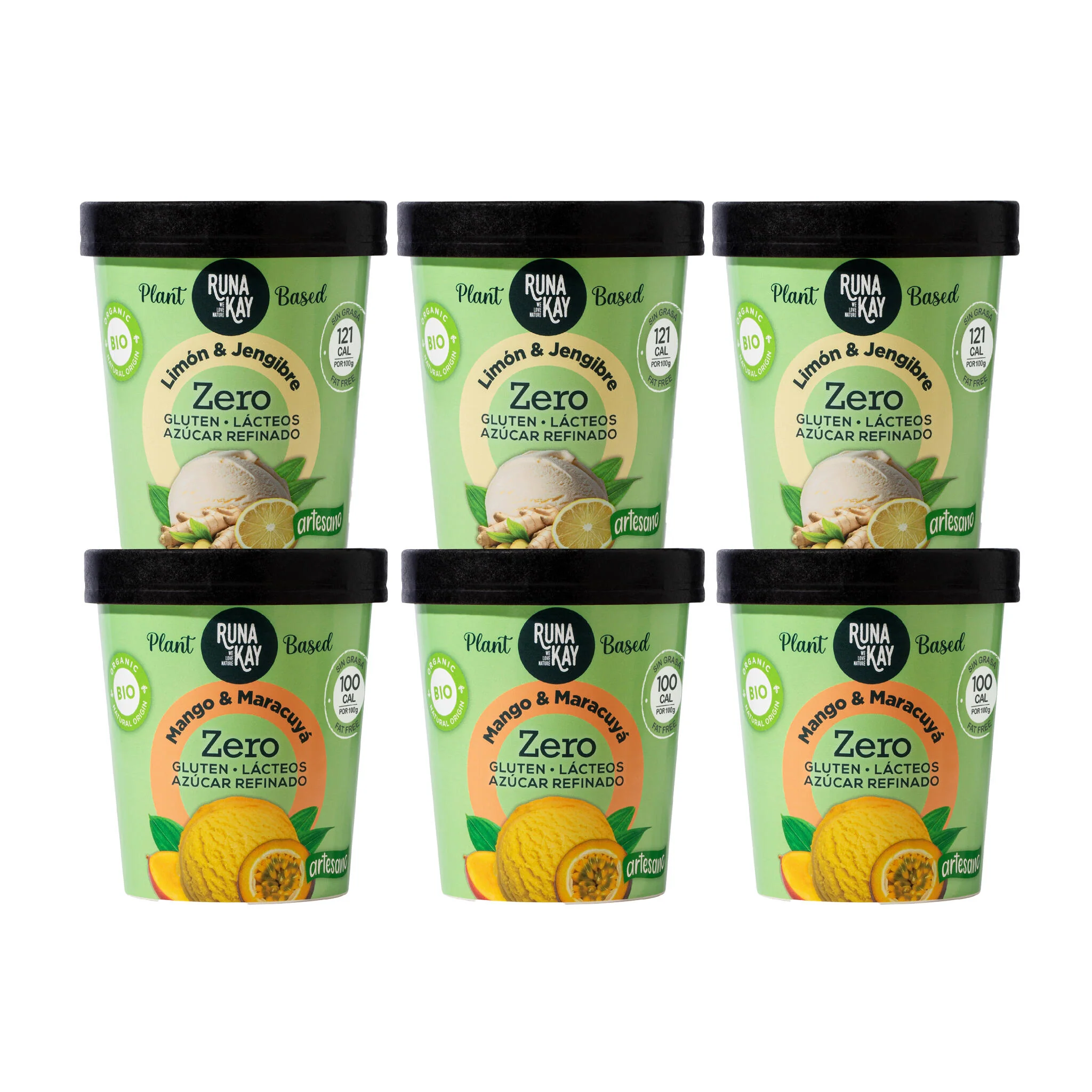 Pack Mix Helado Artesano Eco Sin Gluten Ni Azúcar Refinado Mango&Maracuyá Limón&Jengibre Runakay 6x460ml/400g