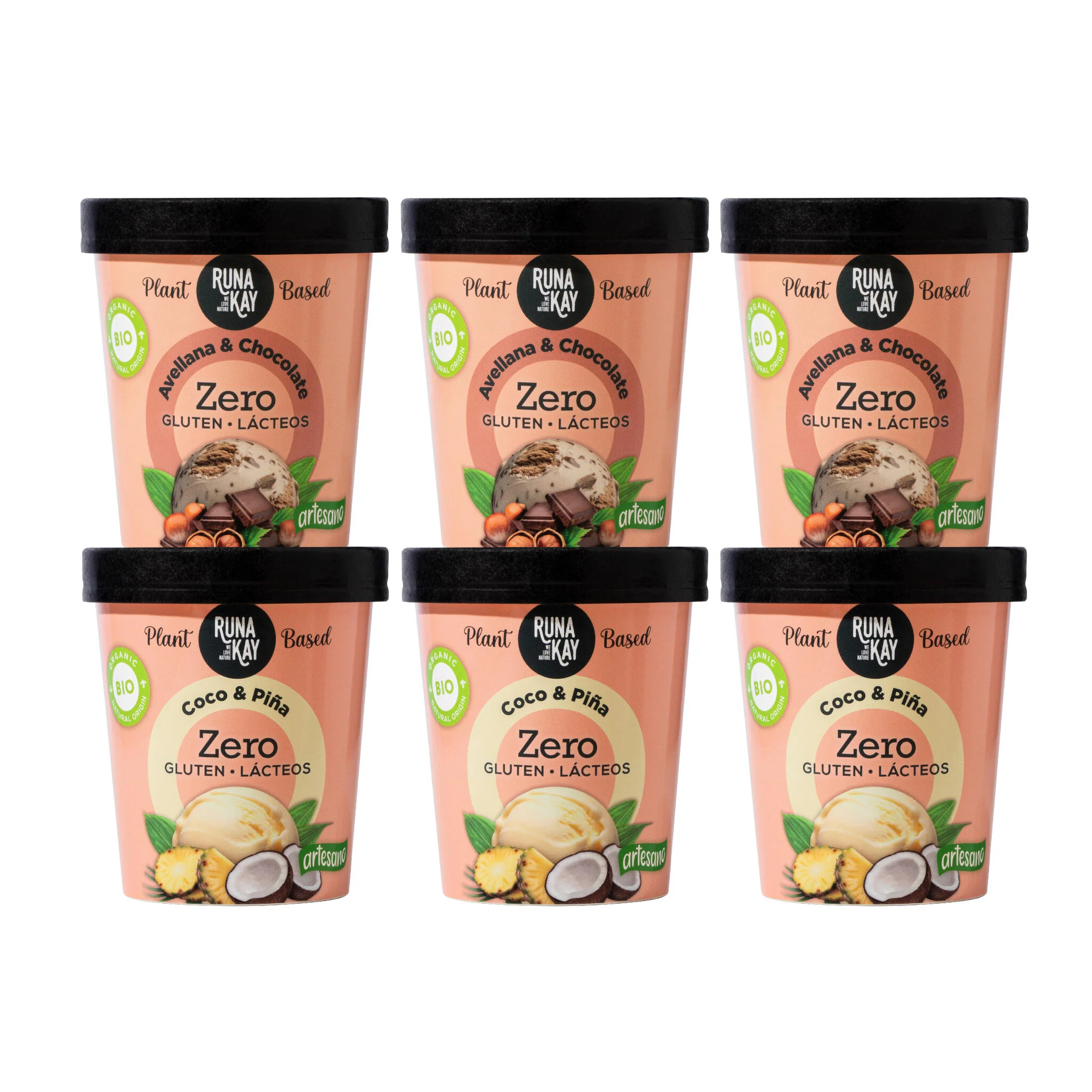 Pack Mix Helado Artesano Eco Sin Gluten Ni Lácteos Avellana&Choco Coco&Piña Runakay 6x460ml/400g