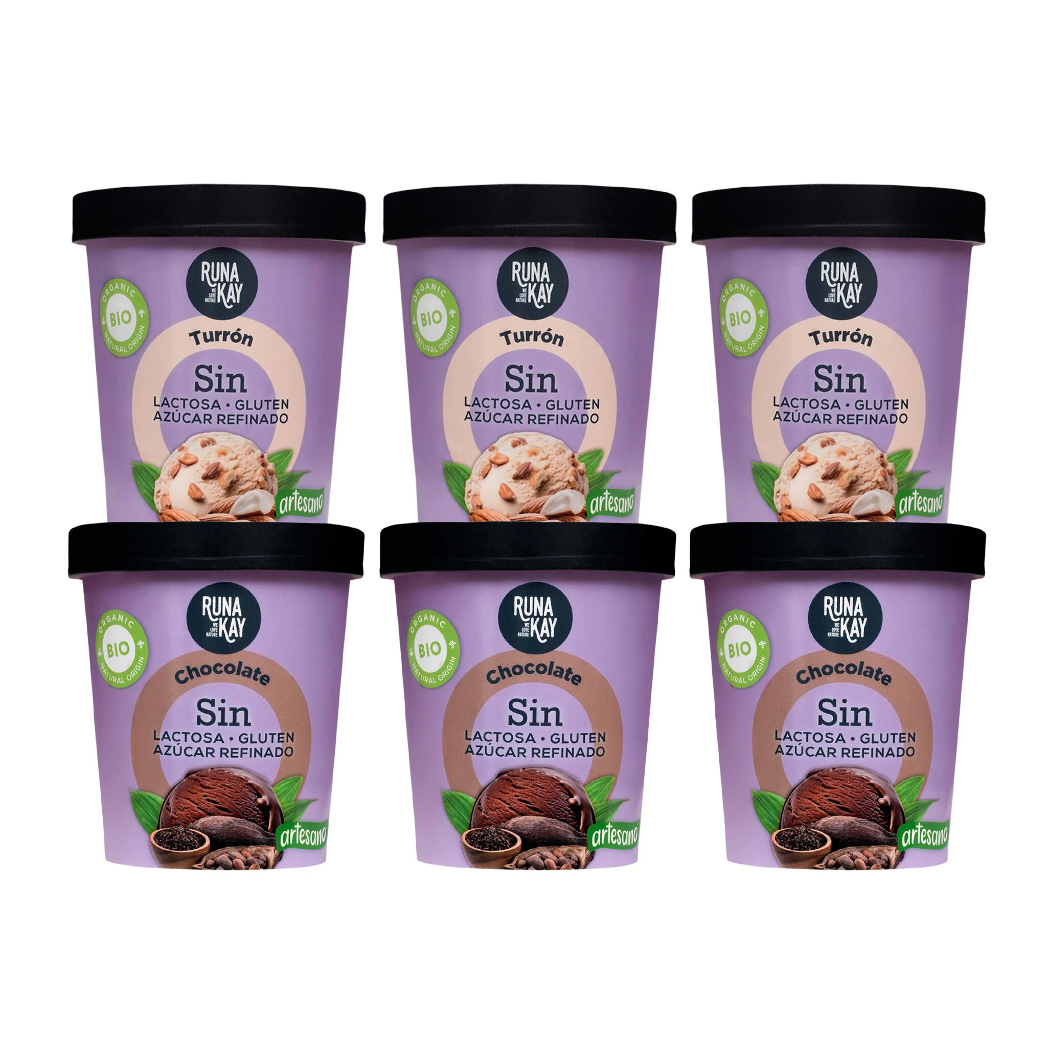Pack Mix Helados Artesanos Eco Sin Gluten Sin Lactosa Ni Azúcar Refinado Chocolate, Turrón Runakay 6x460ml/400g