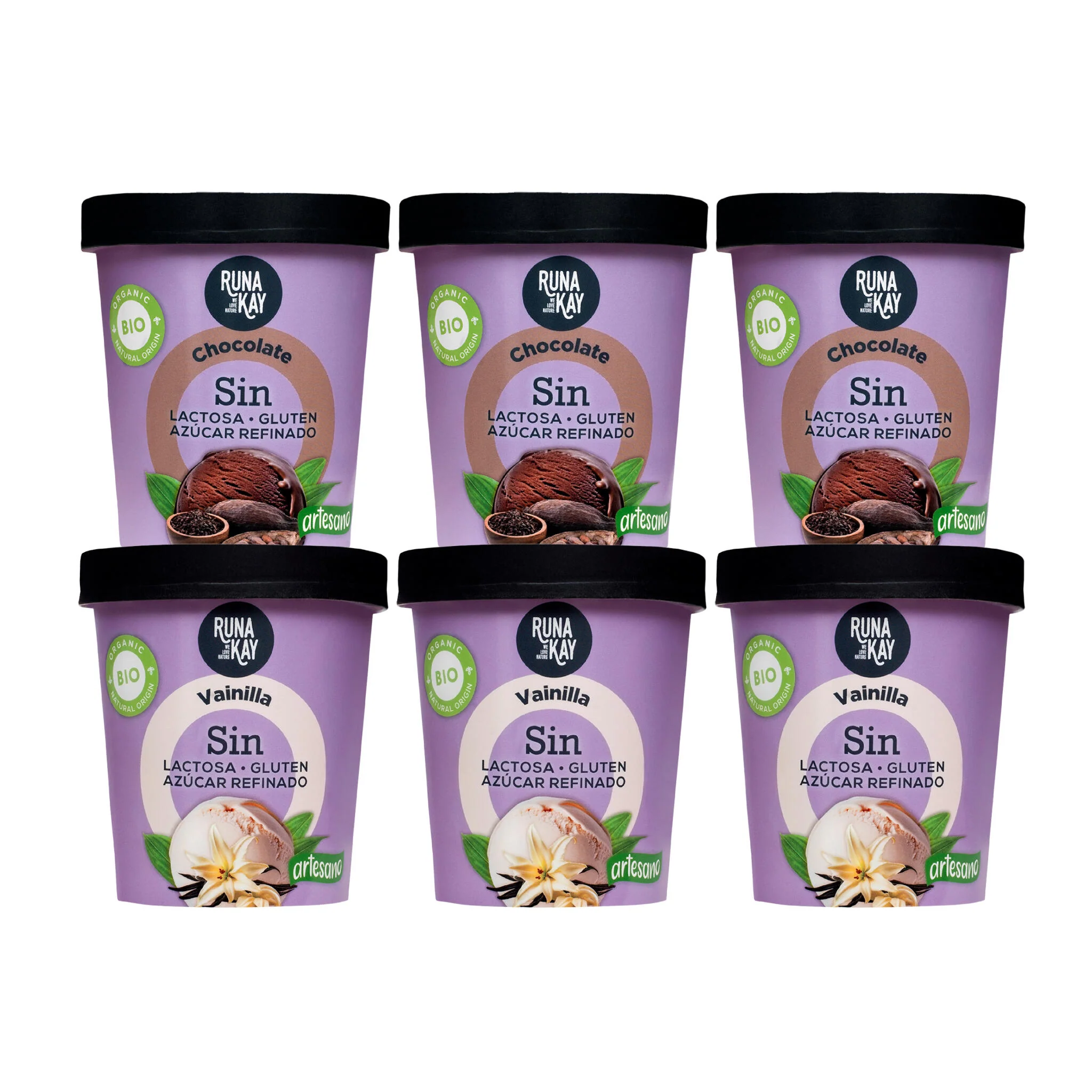 Pack Mix Helados Artesanos Eco Sin Gluten Sin Lactosa Ni Azúcar Refinado Chocolate, Vainilla Runakay 6x460ml/400g