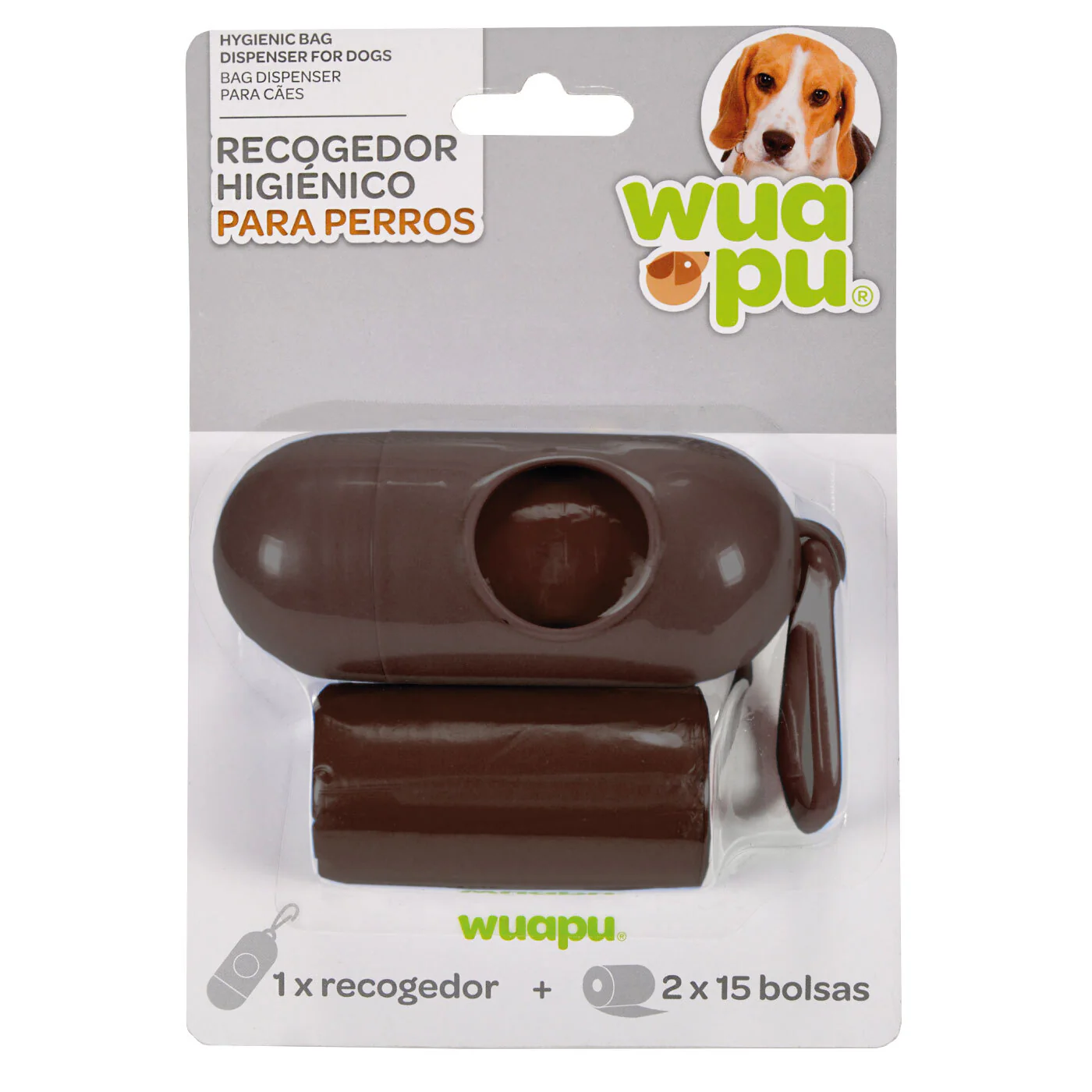 Portarollos Dispensador Marron De Bolsas Higiénicas Recoge Excrementos De Perro Wuapu Con 30 Bolsas