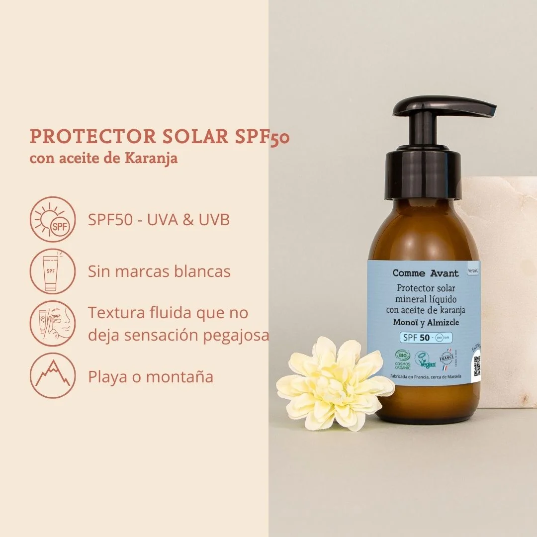 Protector solar mineral líquido SPF50 con aceite de karanja Vainilla Comme Avant 105 ml - Image 3