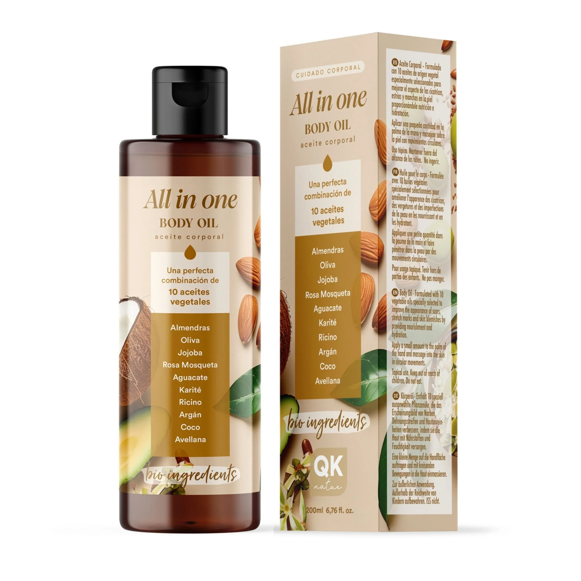 QKnatur - Aceite Corporal All In One - 200ml - Mejora La Apariencia De Cicatrices | Prevención De Manchas Y Estrías