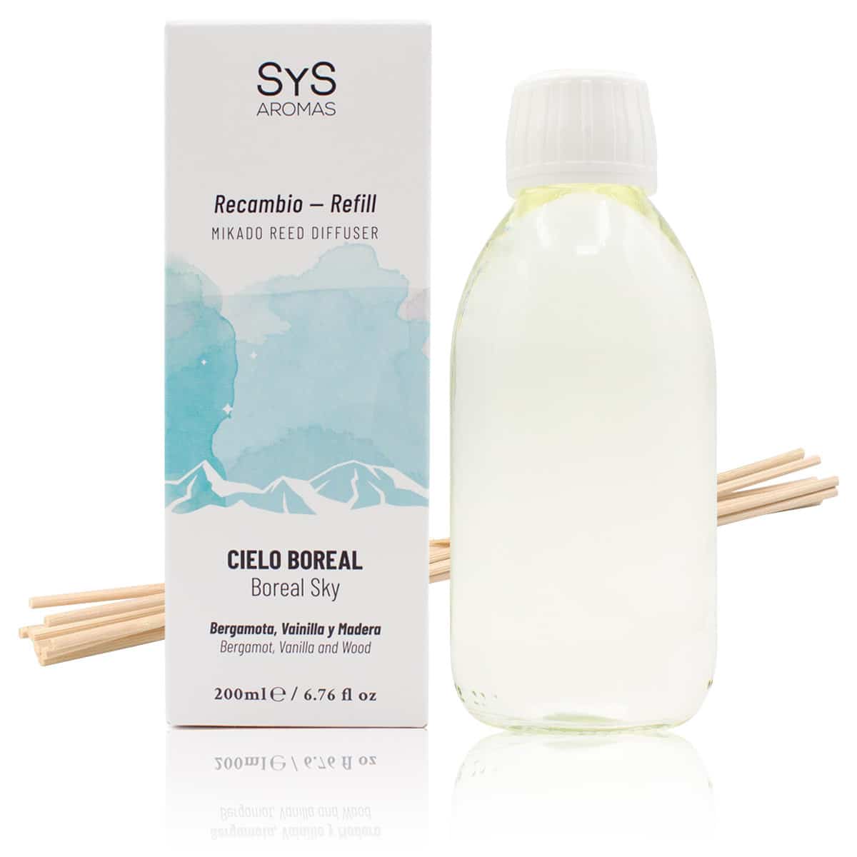 Recambio Mikado Cielo Boreal 200 ml con Varillas | Aroma Fresco y Envolvente | Refill Difusor | Larga Duración