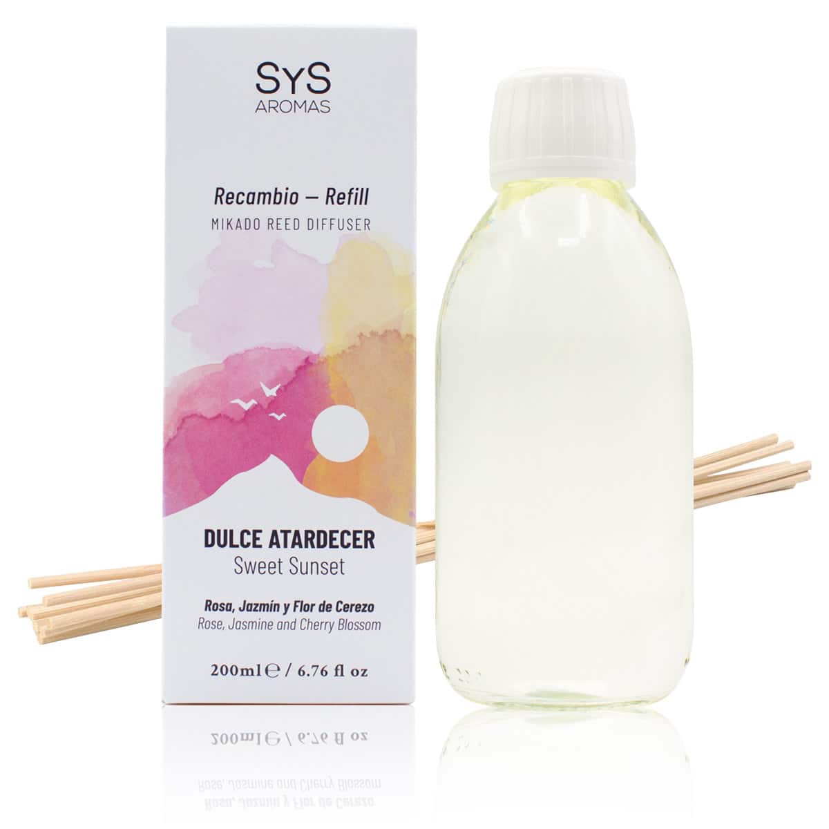 Recambio Mikado Dulce Atardecer 200 ml con Varillas | Aroma Dulce y Envolvente | Refill Difusor | Larga Duración