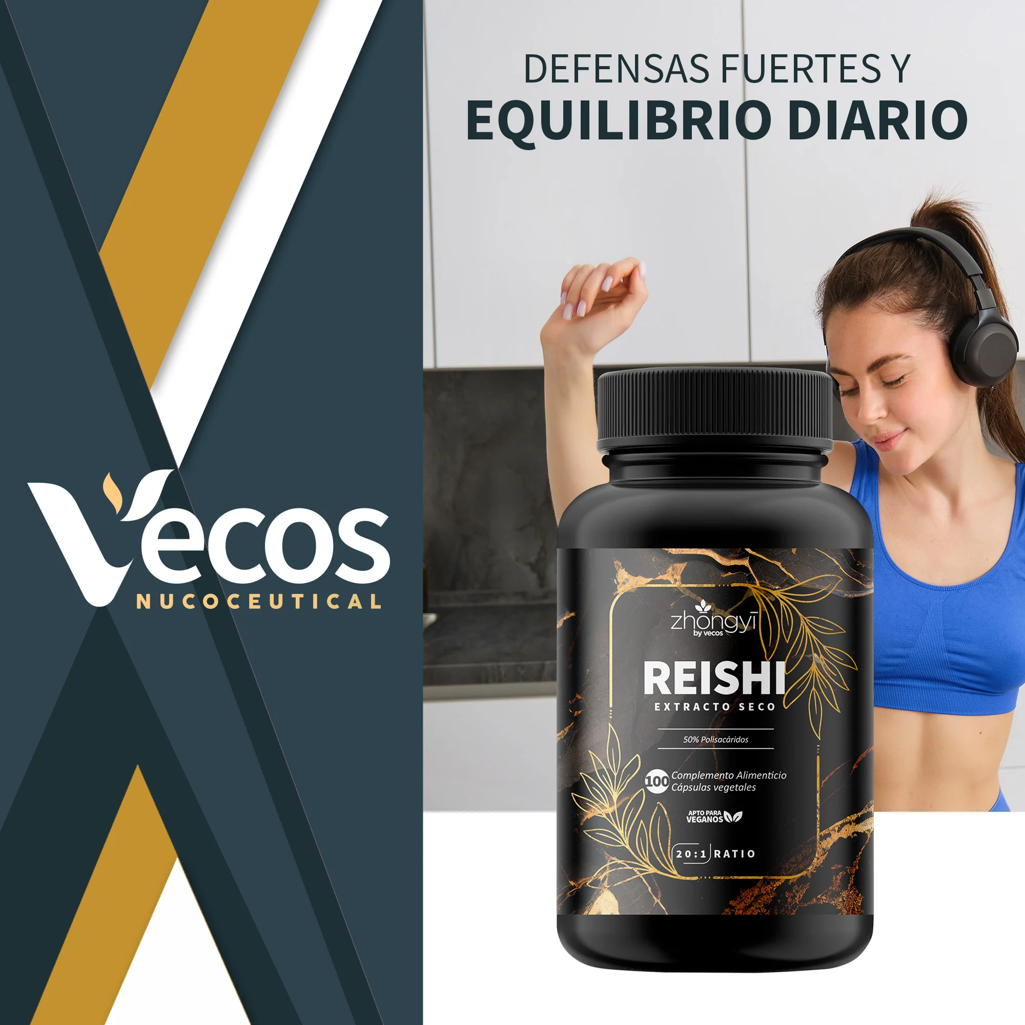Reishi Extracto 20:1 Vecos 100 Cápsulas | Activa Defensas Y Bienestar | 50% Polisacáridos - Image 2
