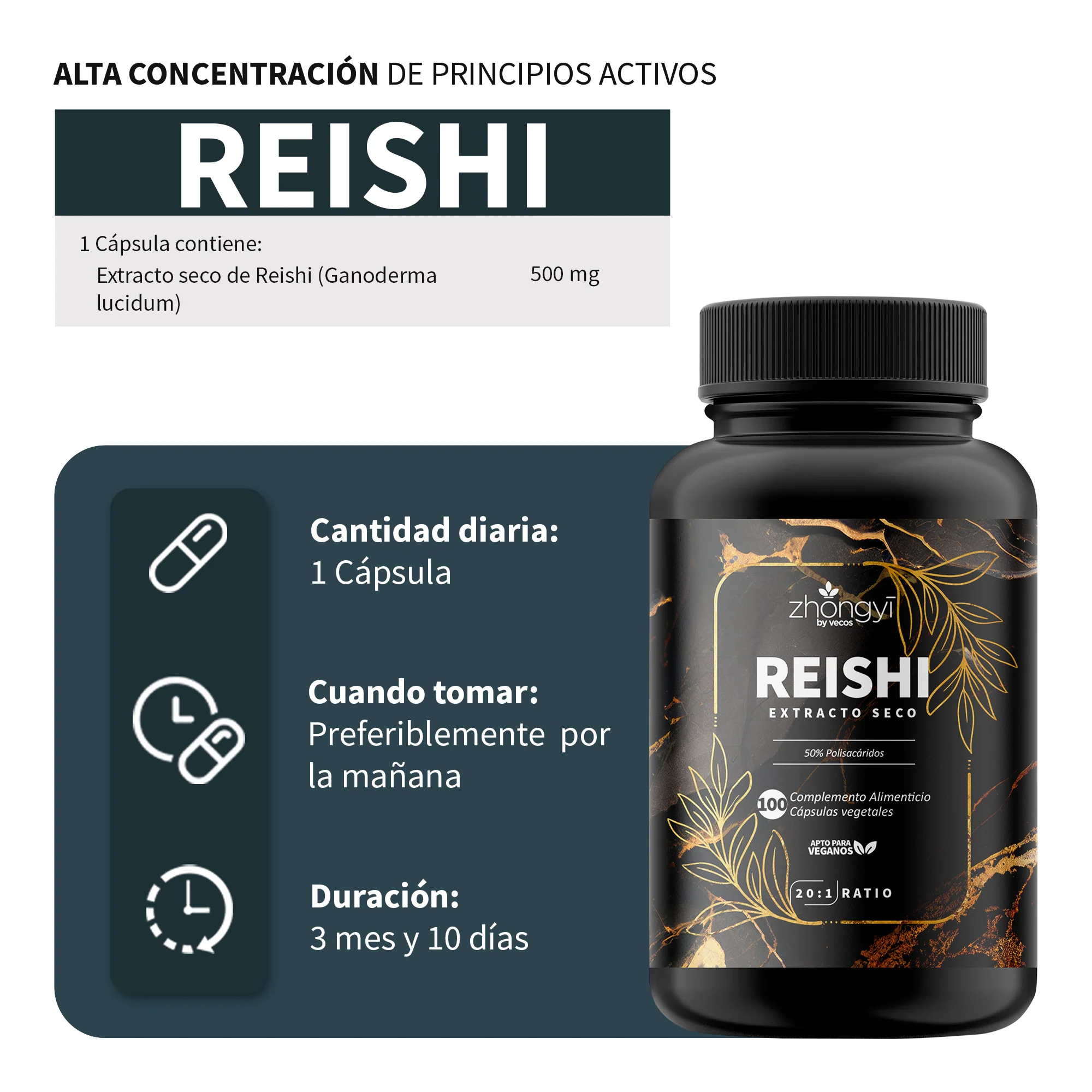 Reishi Extracto 20:1 Vecos 100 Cápsulas | Activa Defensas Y Bienestar | 50% Polisacáridos - Image 3
