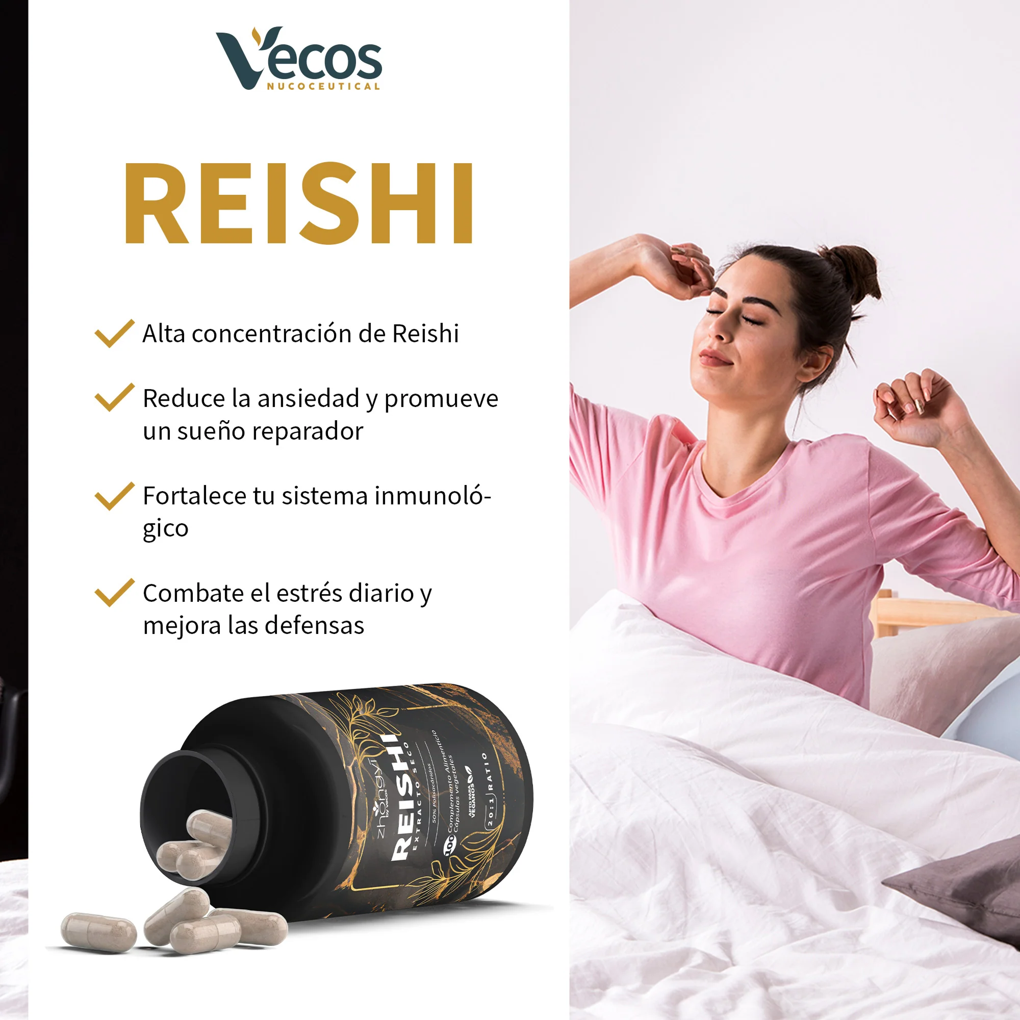 Reishi Extracto 20:1 Vecos 100 Cápsulas | Activa Defensas Y Bienestar | 50% Polisacáridos - Image 4