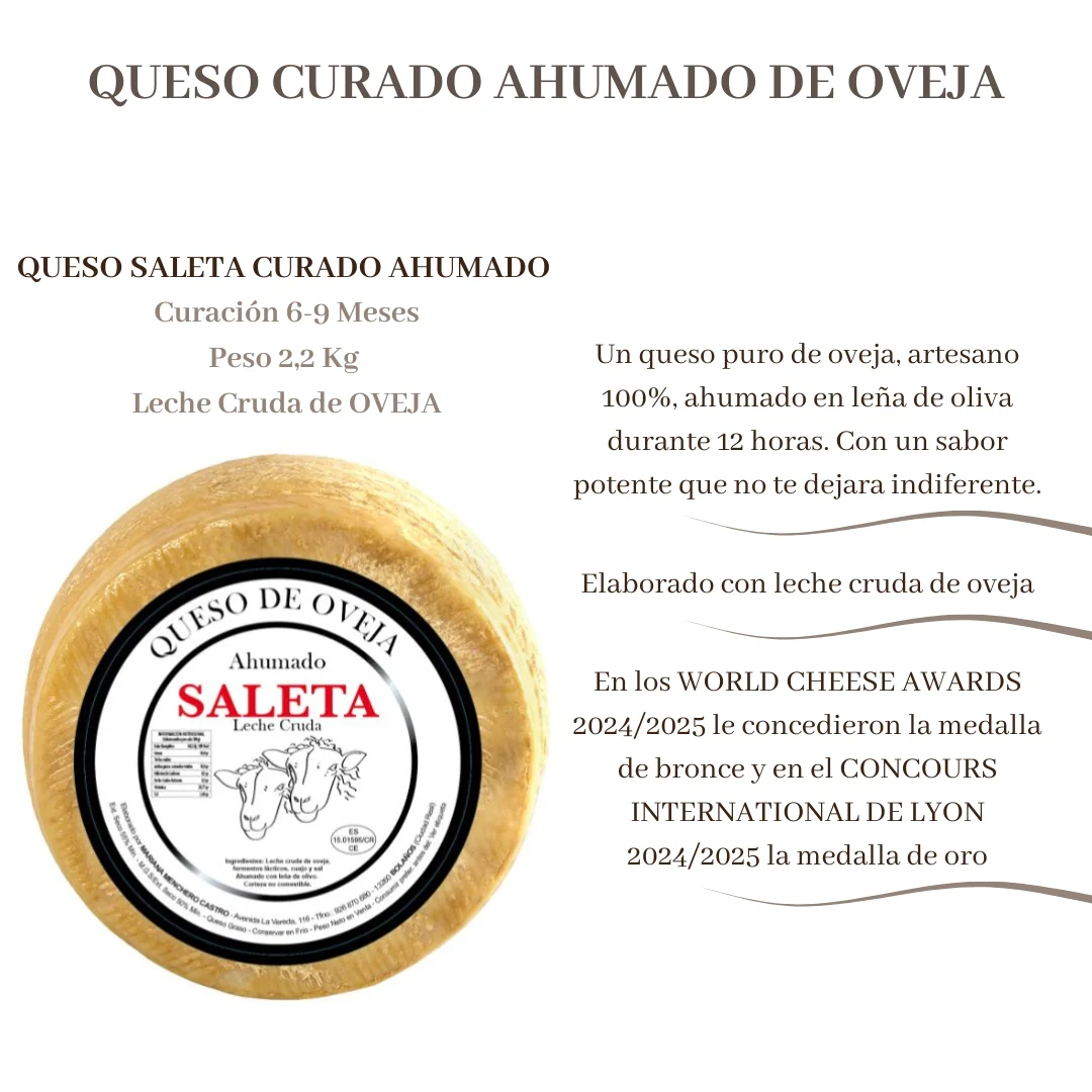 Saleta® Queso Curado Ahumado Entero De Oveja (2,2 Kg) | Elaboración Artesana Quesos De La Mancha | Ahumados - Image 2