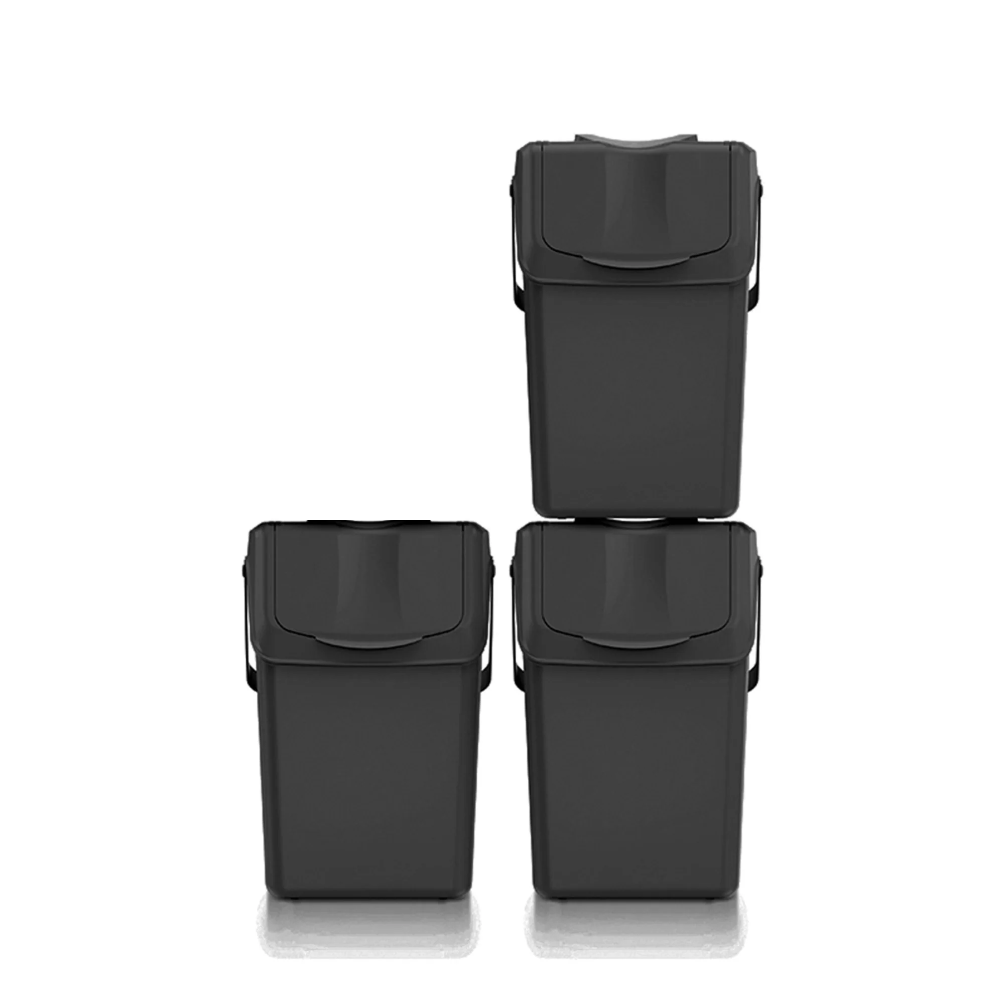 Set De 3 Cubos De Basura Keden Sortibox 100% Plástico Reciclado, Negro, Volumen 3x25l
