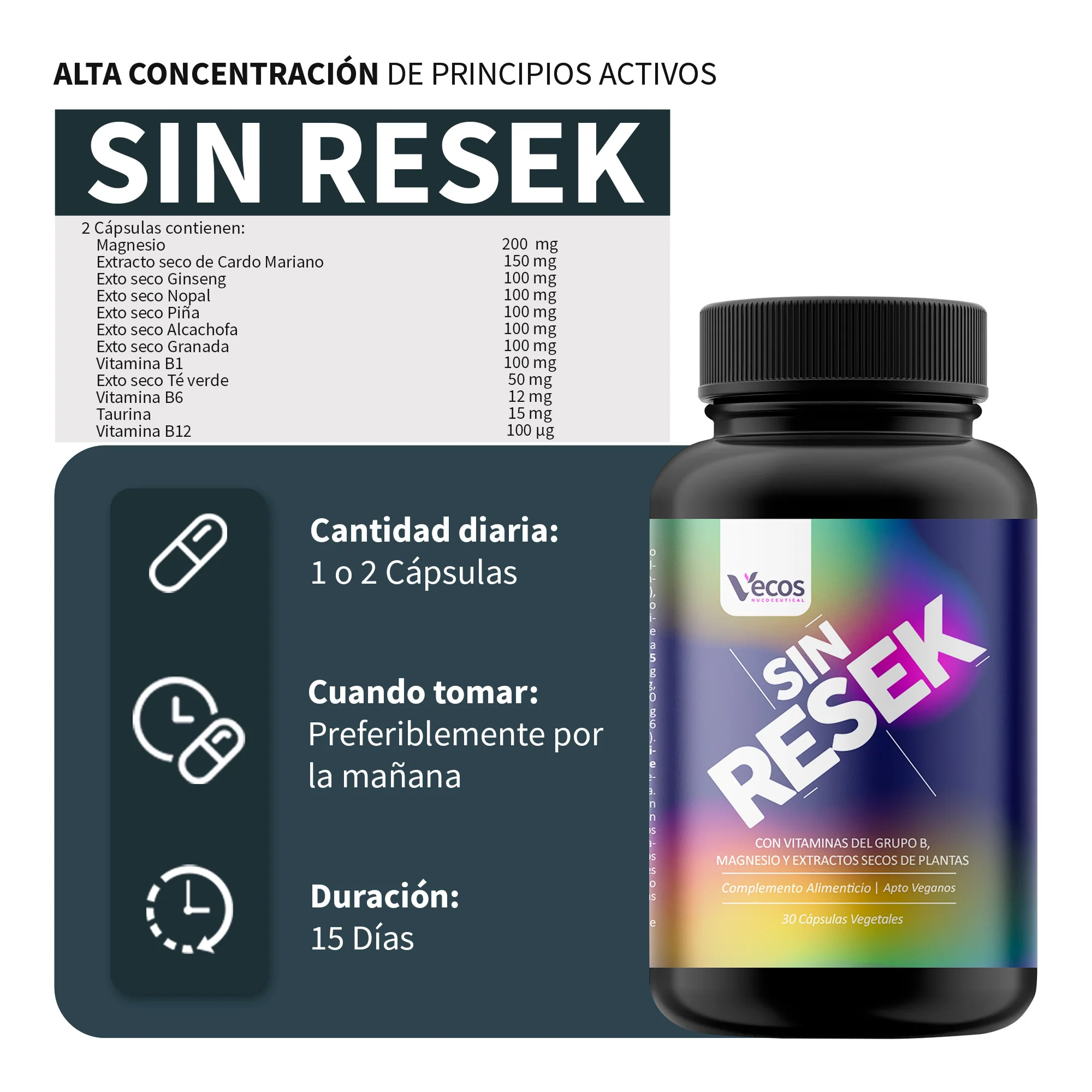 Sin Resek VECOS 30 cápsulas | Alivio del Exceso de Consumos, Detox y Rehidratación | Magnesio + Cardo Mariano - Image 3