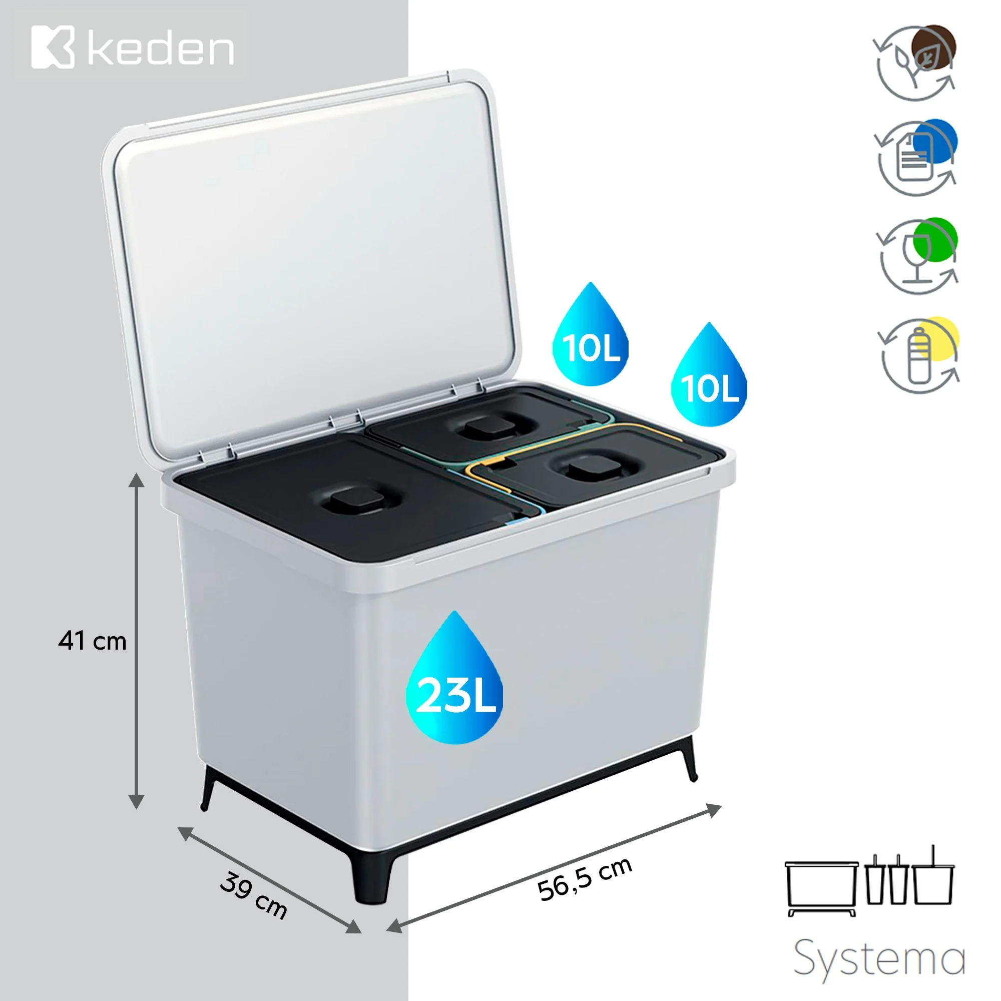 Sistema Clasificador De Reciclaje 2x10l + 1x23l Color Gris Keden - Image 2