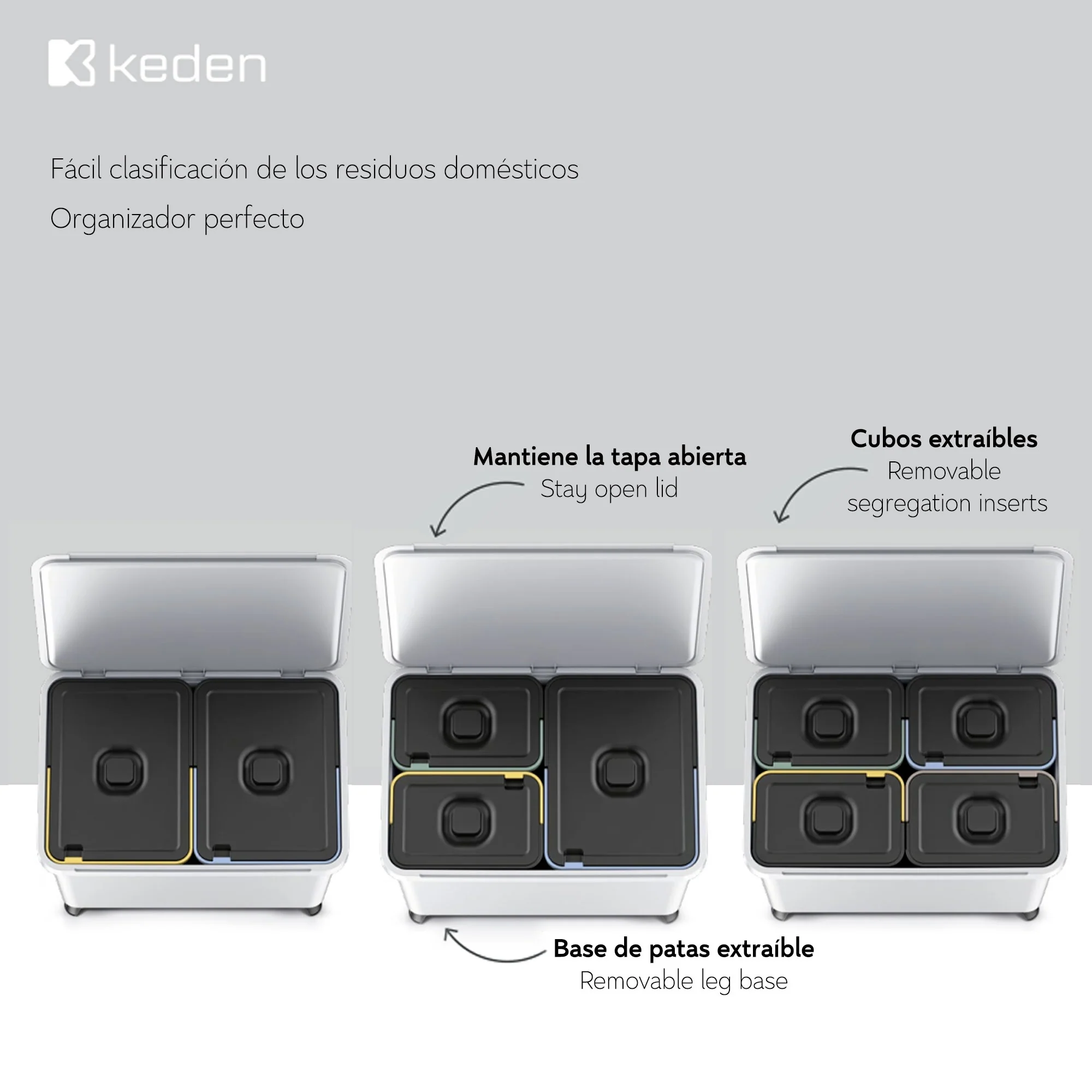 Sistema Clasificador De Reciclaje 2x10l + 1x23l Color Gris Keden - Image 3