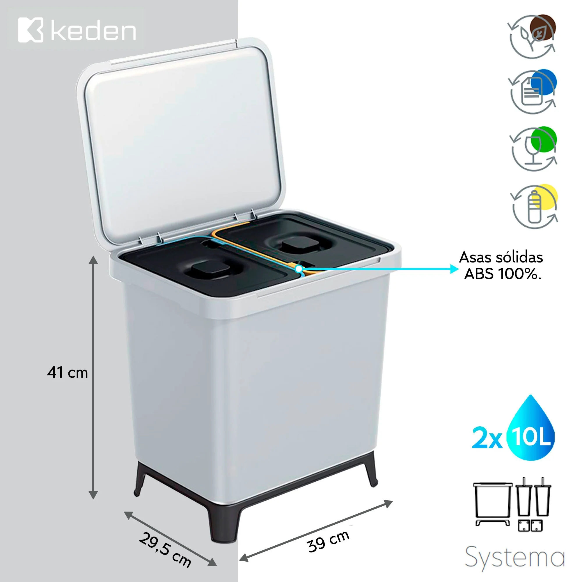 Sistema Clasificador De Reciclaje 2x10l Color Blanco Keden - Image 2