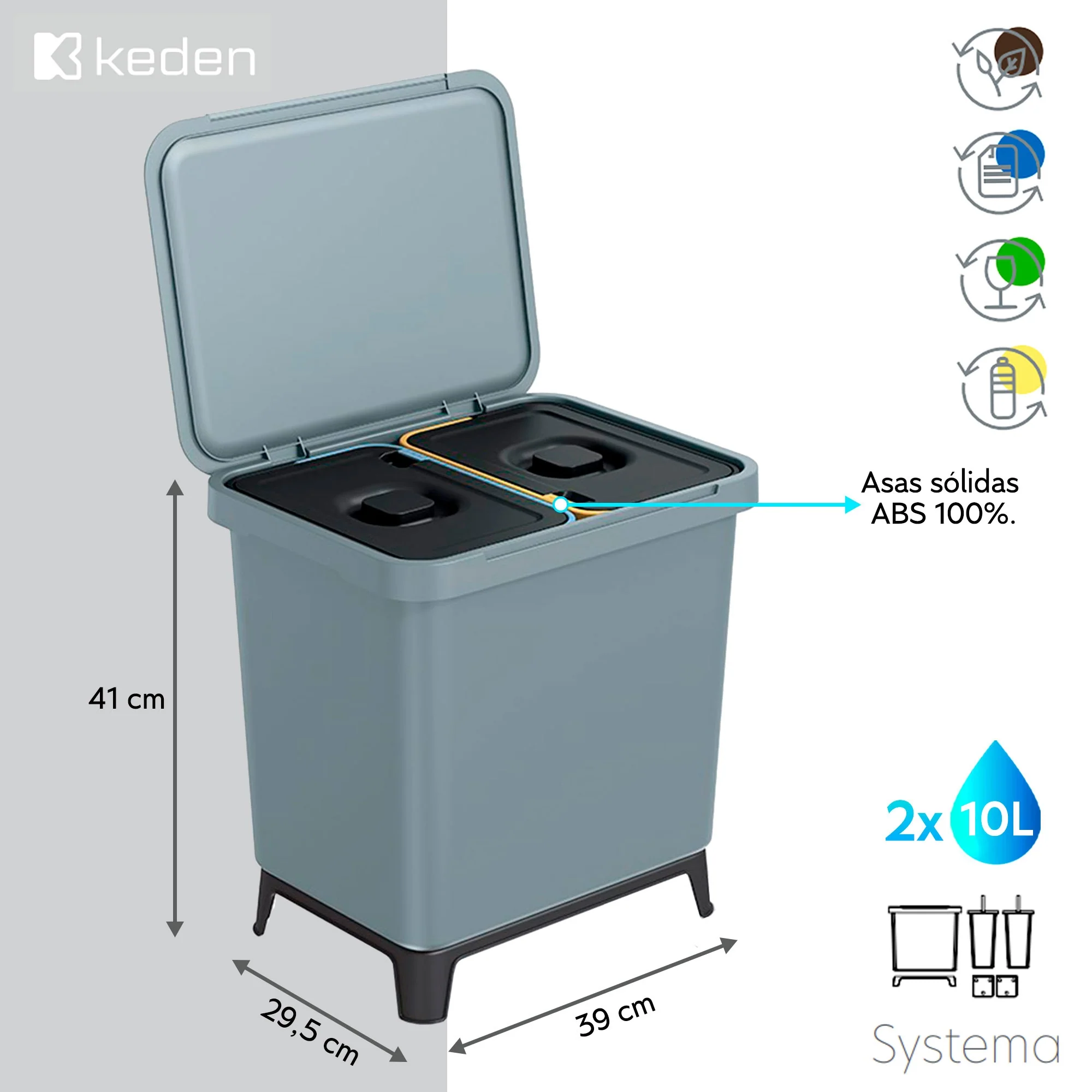 Sistema Clasificador De Reciclaje 2x10l Color Gris Keden - Image 2