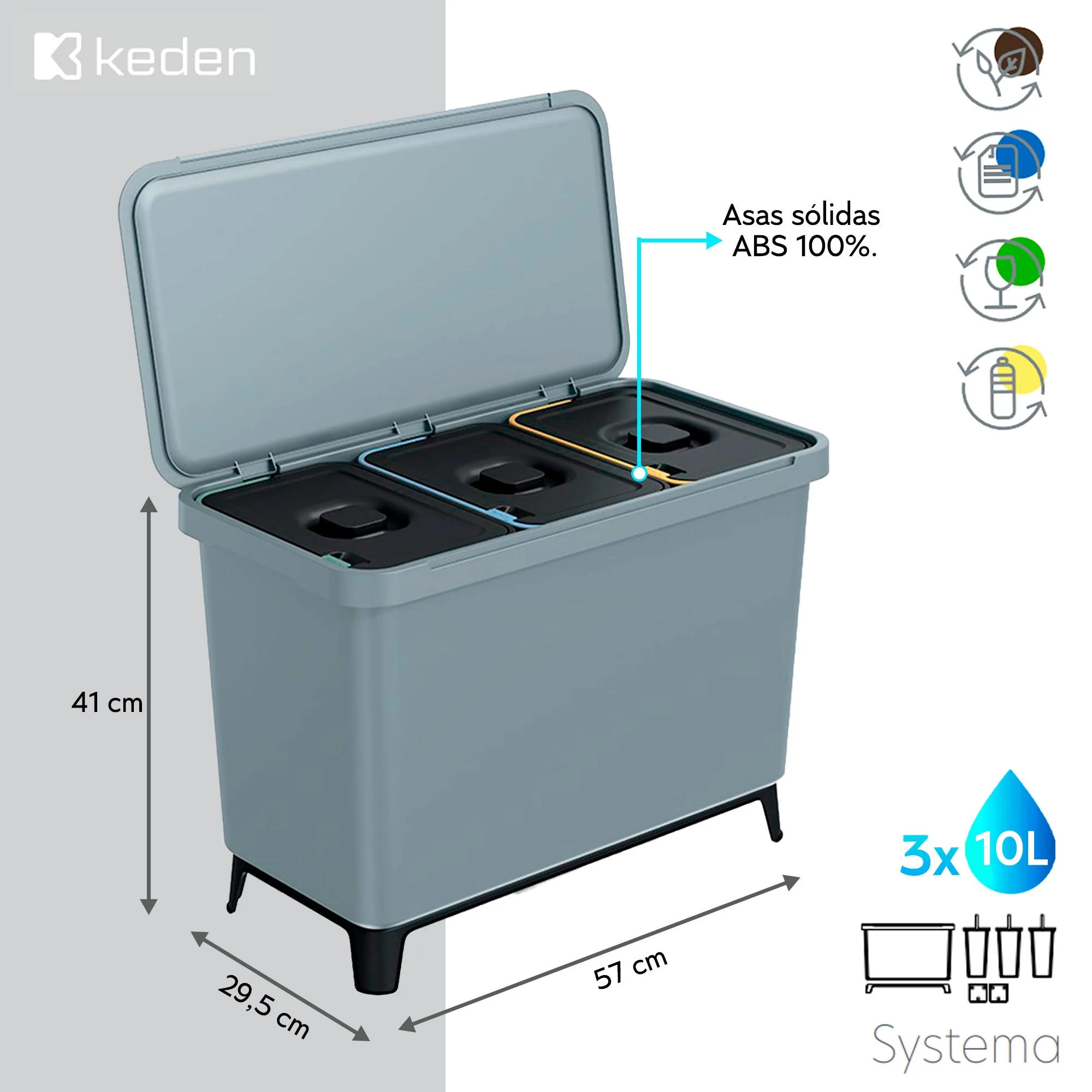 Sistema Clasificador De Reciclaje 3x10l Color Gris Keden - Image 2