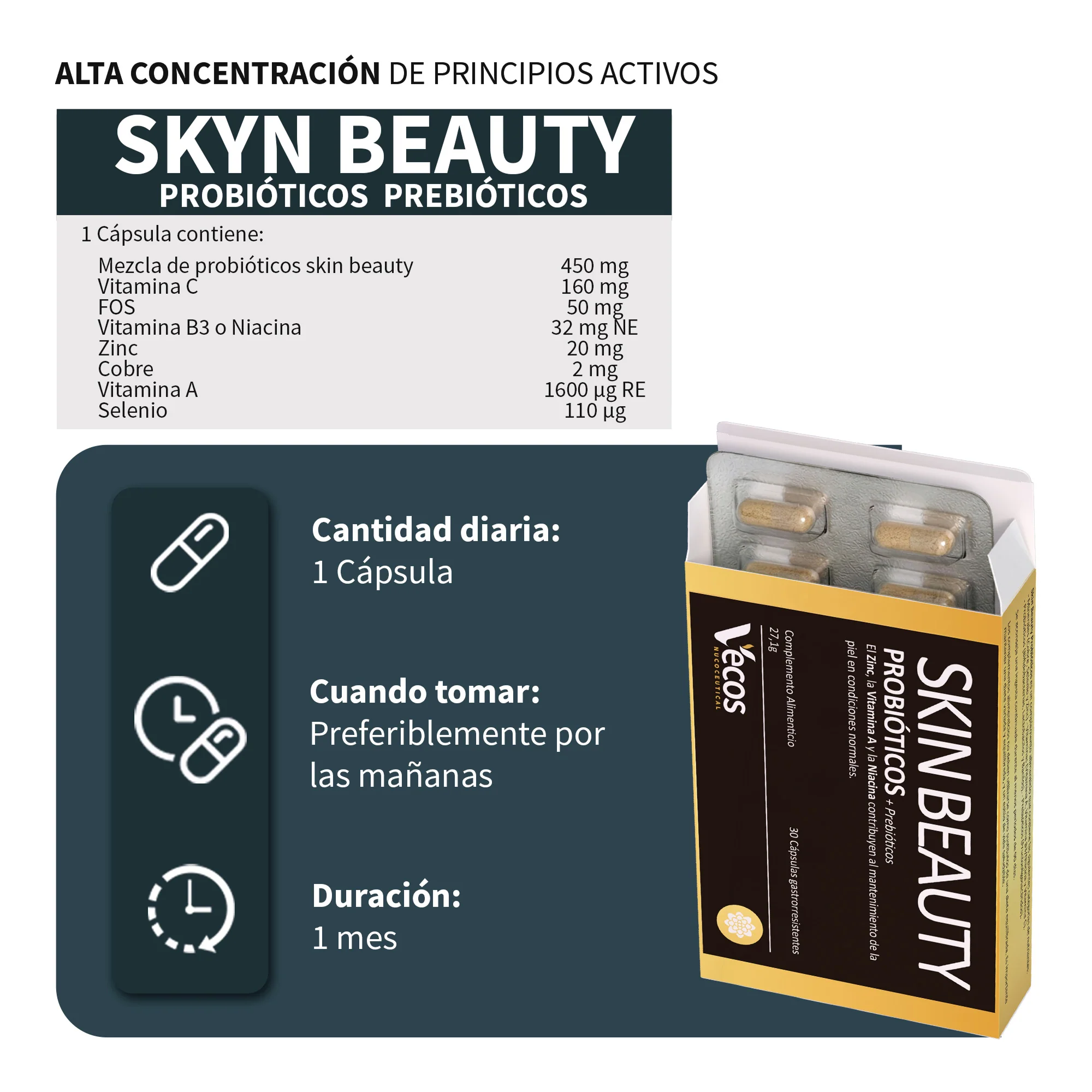 Skin Beauty Probióticos Vecos 30 Cápsulas | Para Piel Con Imperfecciones Y Brotes De Acné | 9 Billones Ufc + Fos - Image 3