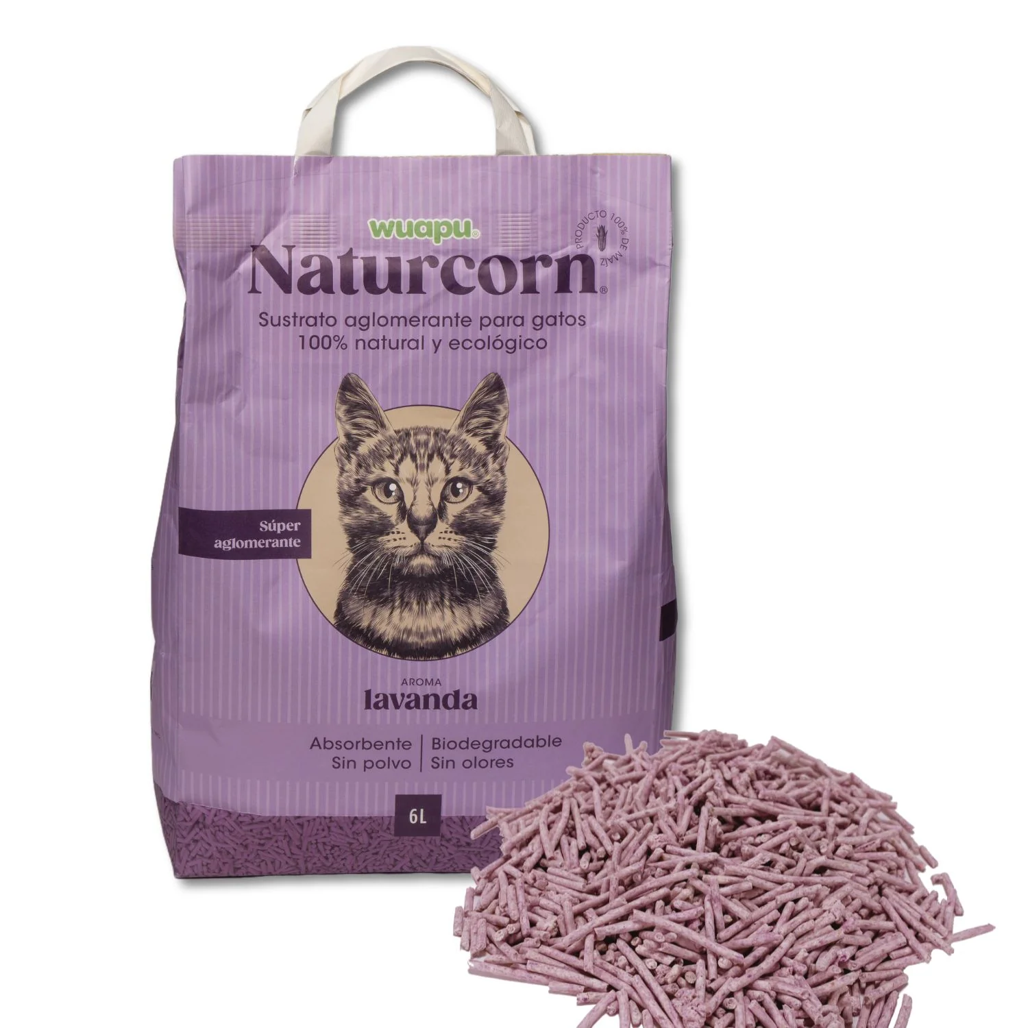 Sustrato Absorbente Wuapu Naturcorn Lavanda En Pelet Biodegradable Para Gato 3 Uds 17'5l
