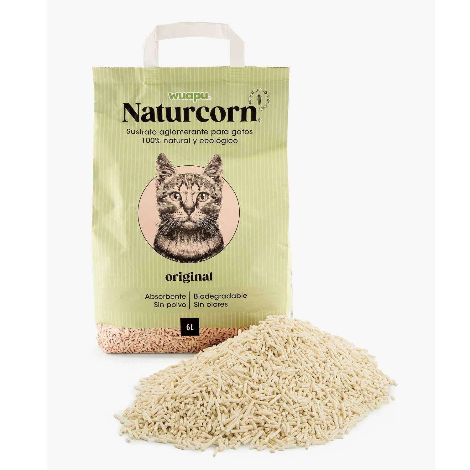 Sustrato Absorbente Wuapu Naturcorn Original En Pelet Biodegradable Para Gato 6 Uds 6l