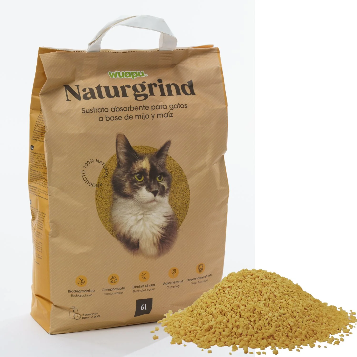Sustrato Absorbente Wuapu Naturgrind Biodegradable Y Compostable Para Gato 3 Uds 17'5l