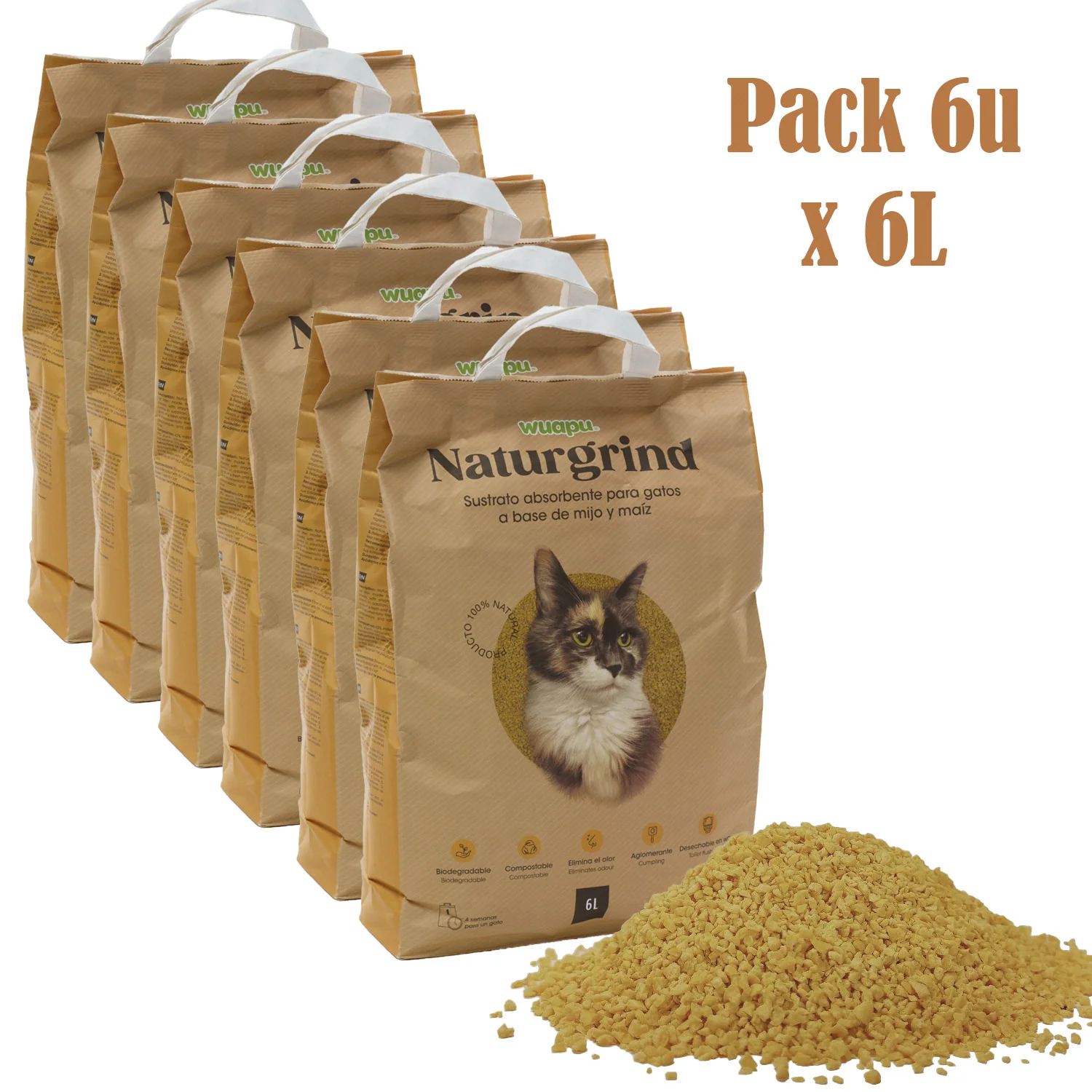 Sustrato Absorbente Wuapu Naturgrind Biodegradable Y Compostable Para Gato 3 Uds 17'5l - Image 2