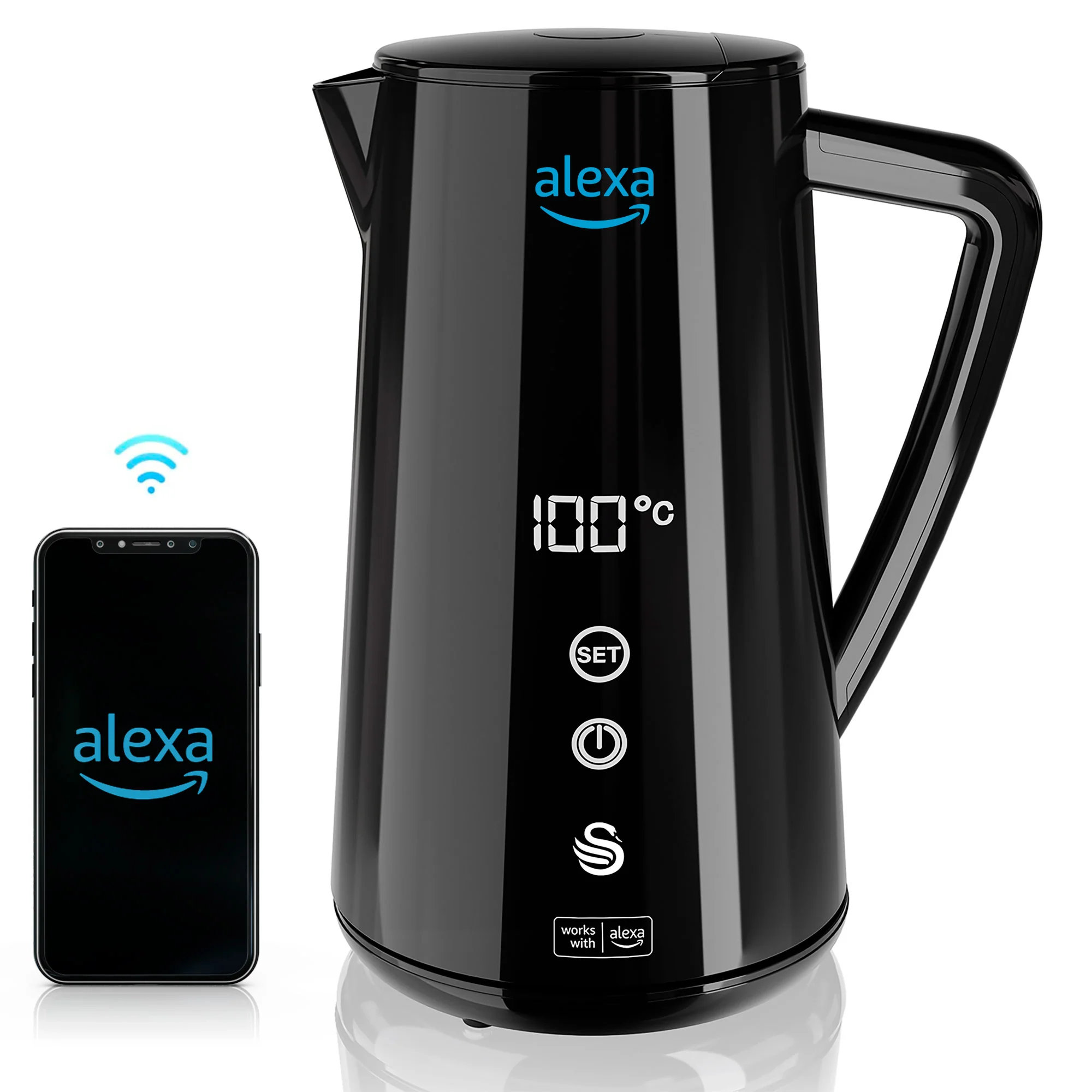 Swan Alexa Hervidor Agua Eléctrico Inteligente Wifi Smart Kettle 1,5l Inalámbrico Control Táctil Led, Sk14650blkneu