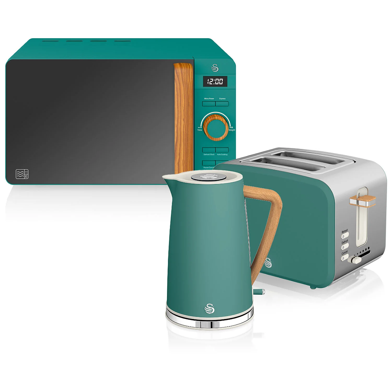 Swan Nordic Set Desayuno, Hervidor Agua 1,7l, Tostadora 2 Rebanadas, Microondas 20l Digital, Strp1060greneu, Verde
