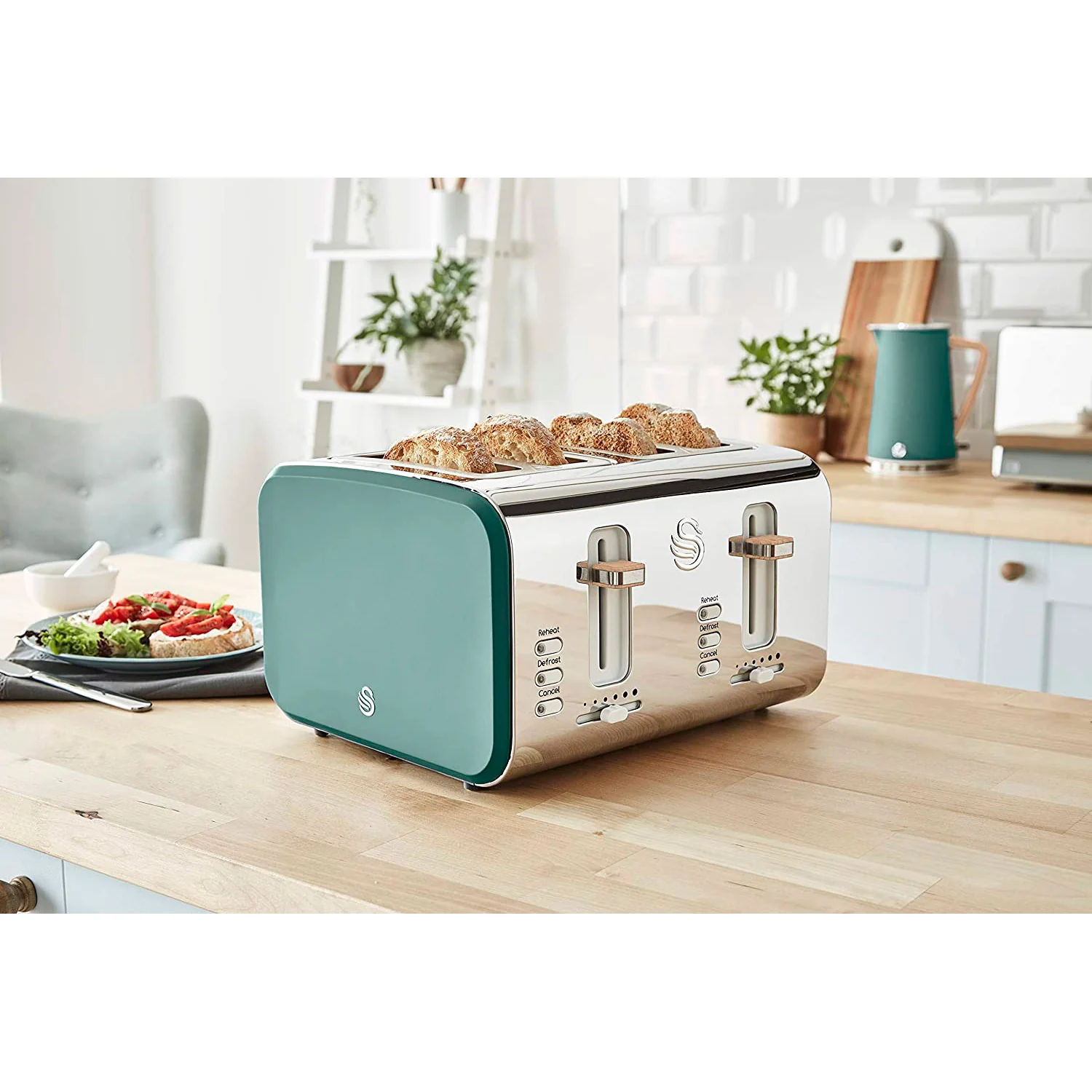 Swan Nordic Tostadora Pan Ranura Ancha 4 Rebanadas, 3 Funciones, 6 Niveles, Diseño Moderno, St14620greneu, Verde 1500w - Image 2